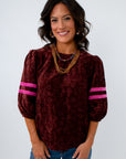 Melanie Floral Velvet Burgundy & Pink Stripe Top