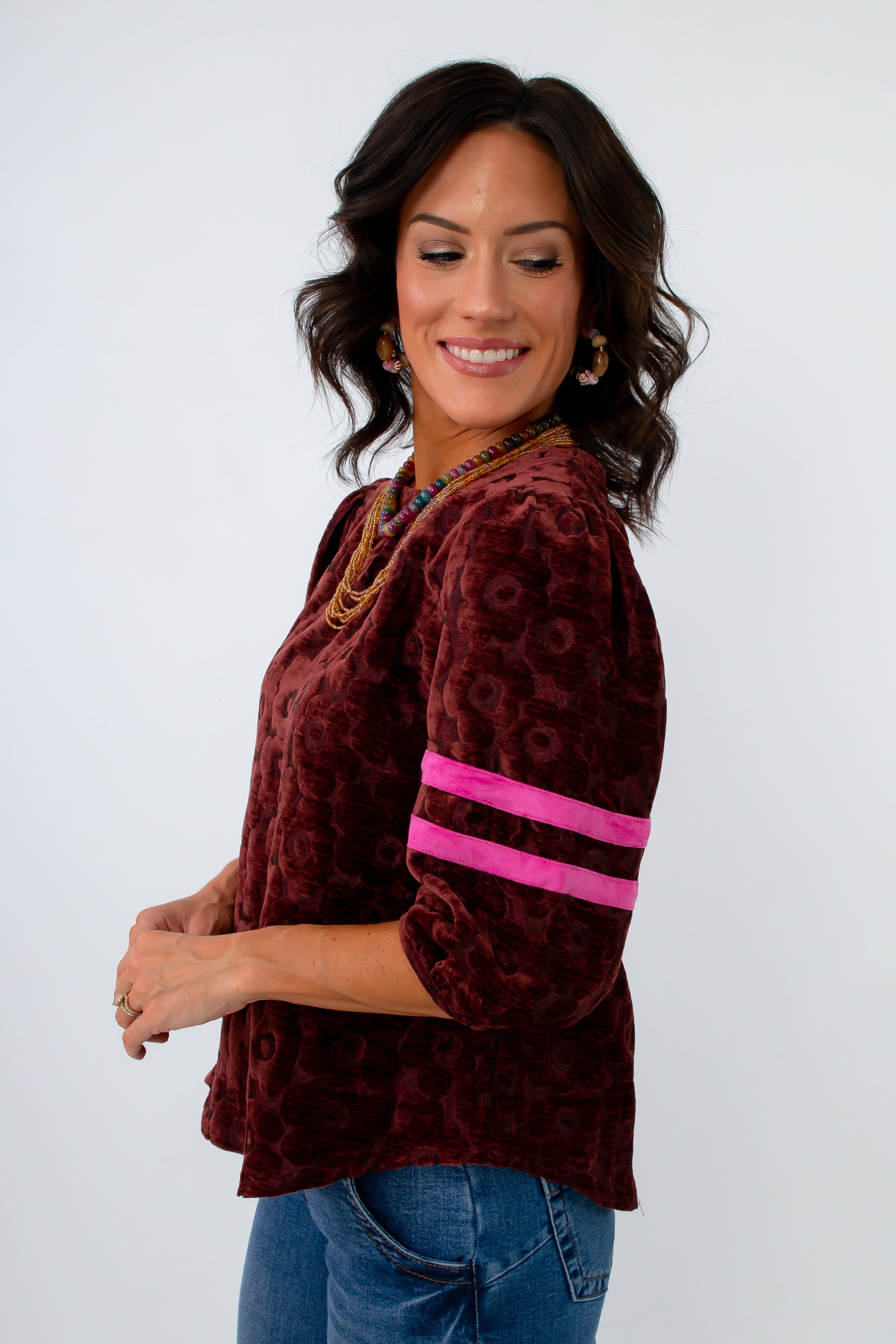 Fall long sleeve velvet blouse with puff sleeves, velvet blouse with floral detailing, fall workwear