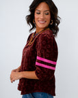 Fall long sleeve velvet blouse with puff sleeves, velvet blouse with floral detailing, fall workwear