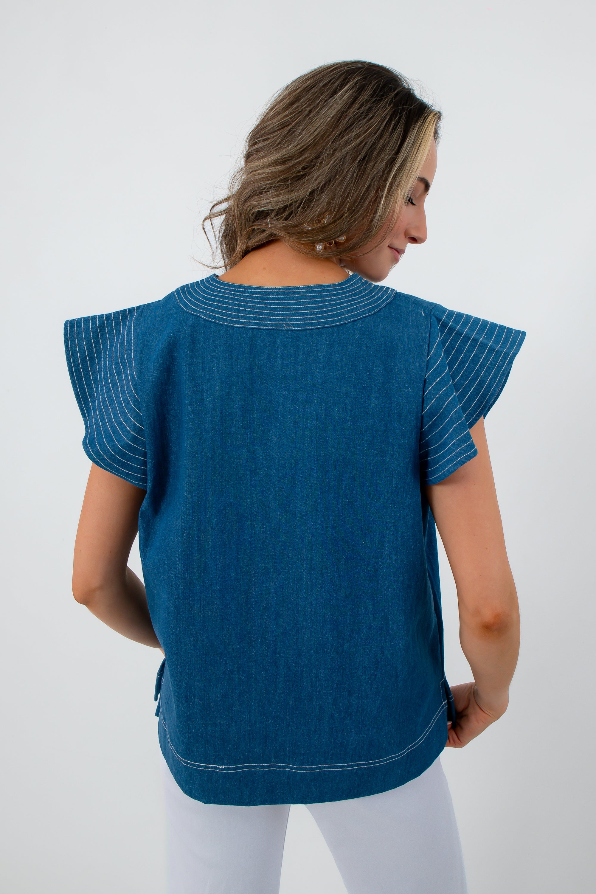 THML Denim Twill Blue Short Sleeve Top