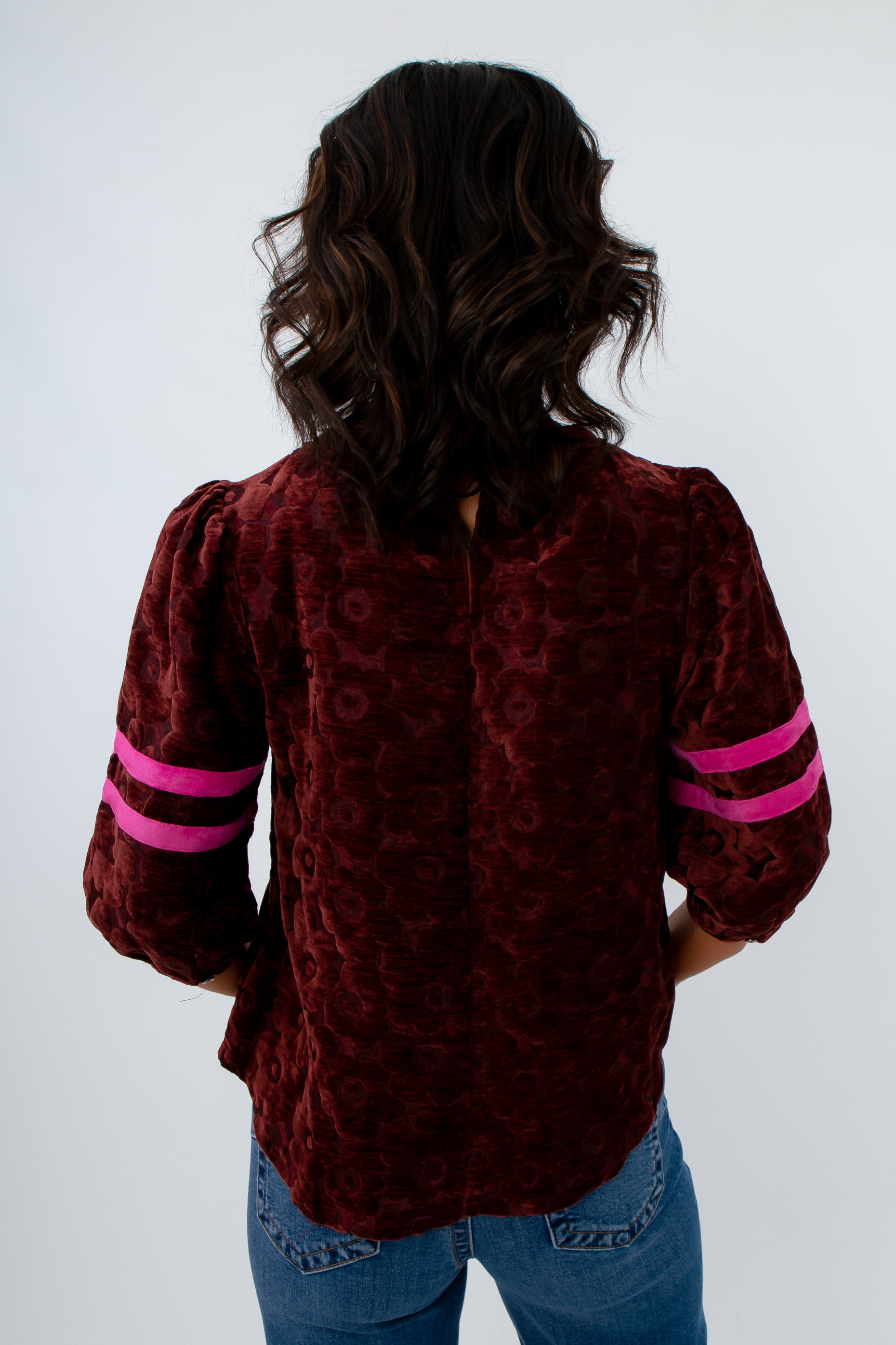 Workwear top with floral textured velvet and stripe detail, burgundy top with pink stripes