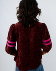 Workwear top with floral textured velvet and stripe detail, burgundy top with pink stripes