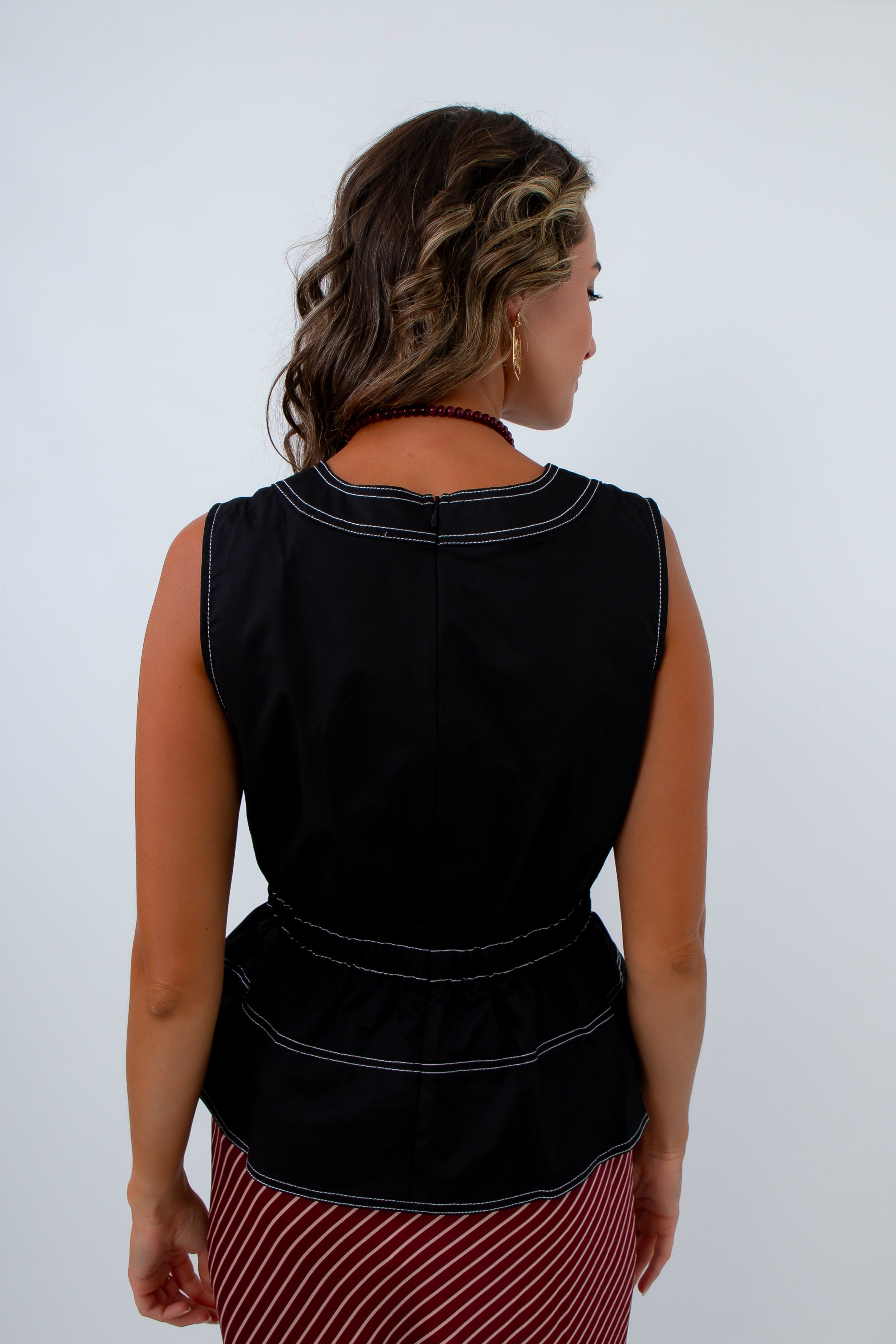 Black Contrast Stitch Peplum Top