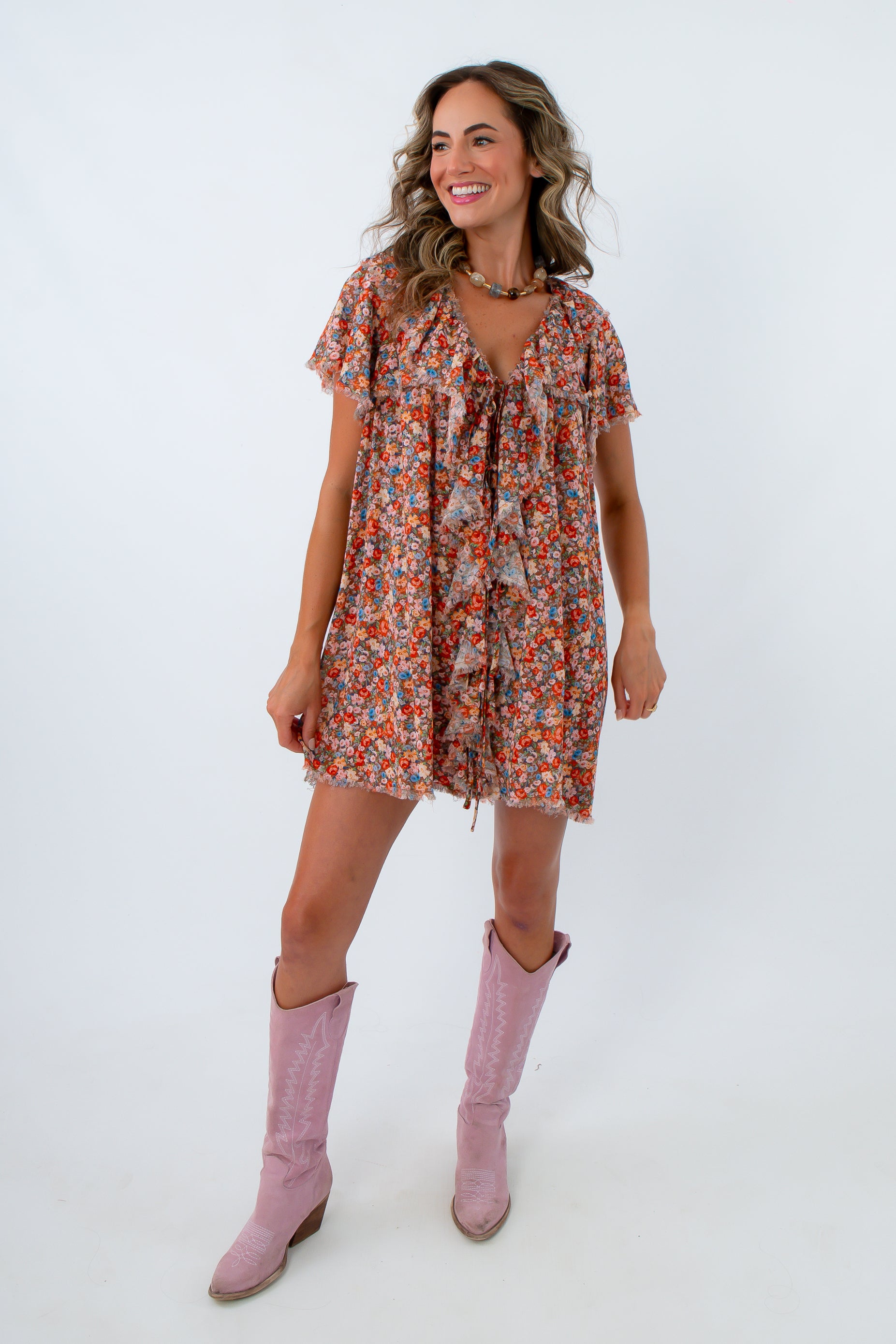 Floral mini dress for fall casual events, Show Me Your Mumu floral mini dress, colorful floral short sleeve dress