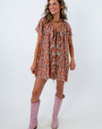 Floral mini dress for fall casual events, Show Me Your Mumu floral mini dress, colorful floral short sleeve dress