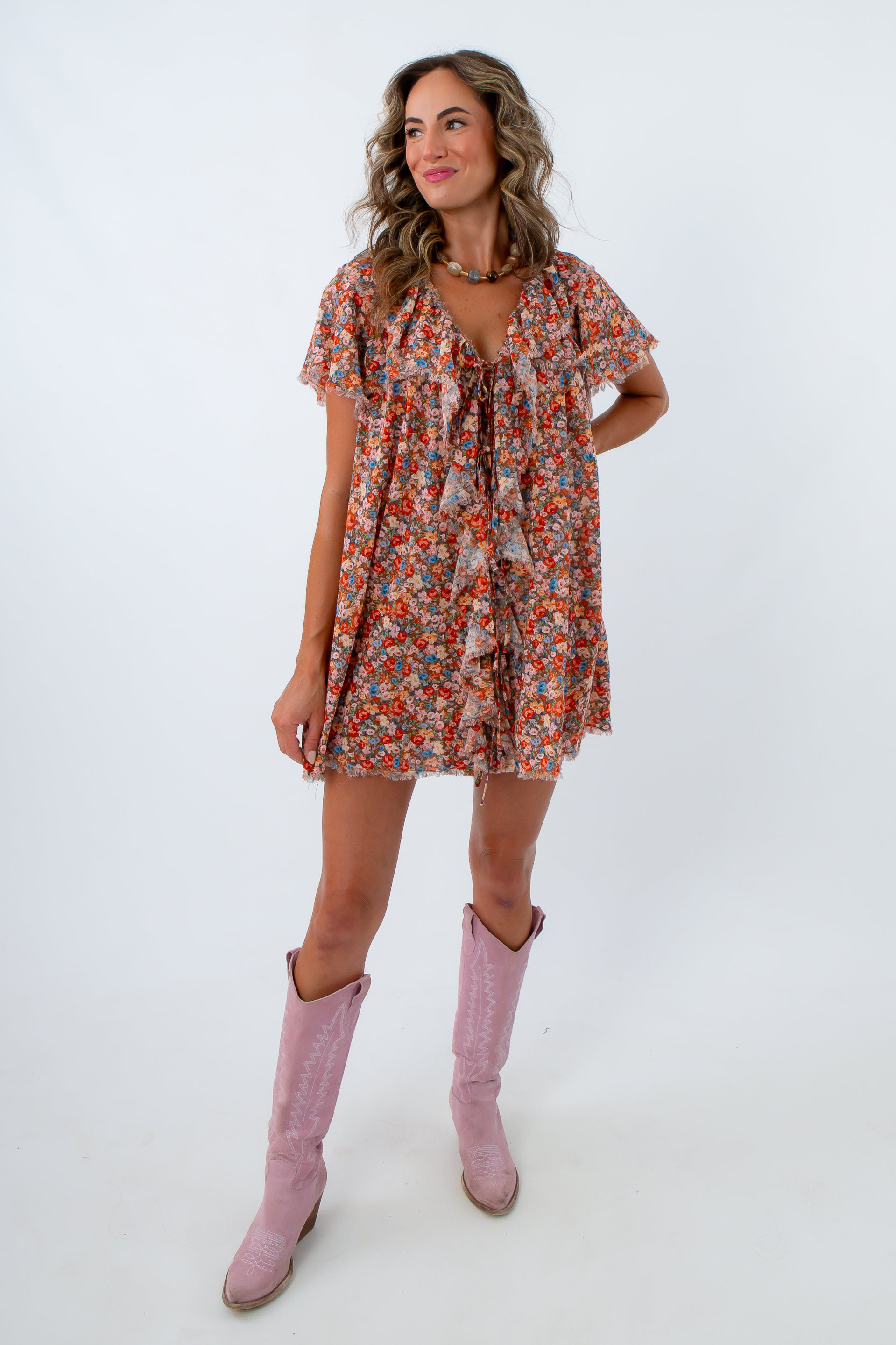 Boho floral dress for fall gatherings, Show Me Your Mumu floral mini dress, colorful boho floral dress, boho fall mini dress