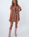 Boho floral dress for fall gatherings, Show Me Your Mumu floral mini dress, colorful boho floral dress, boho fall mini dress