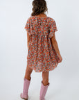 Floral mini dress, fall mini dress, colorful mini dress with floral pattern, colorful short sleeve mini dress