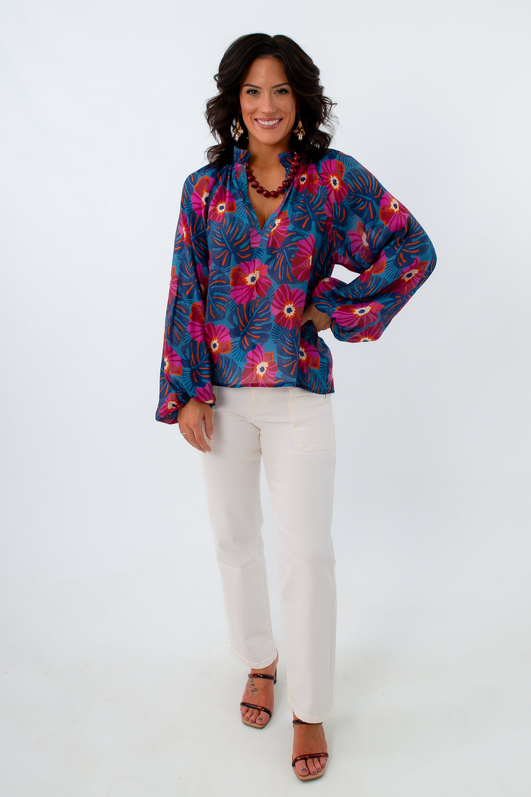 Navy blouse with pink tropical floral pattern, blue floral blouse for work, fall workwear, blue long sleeve blouse for work