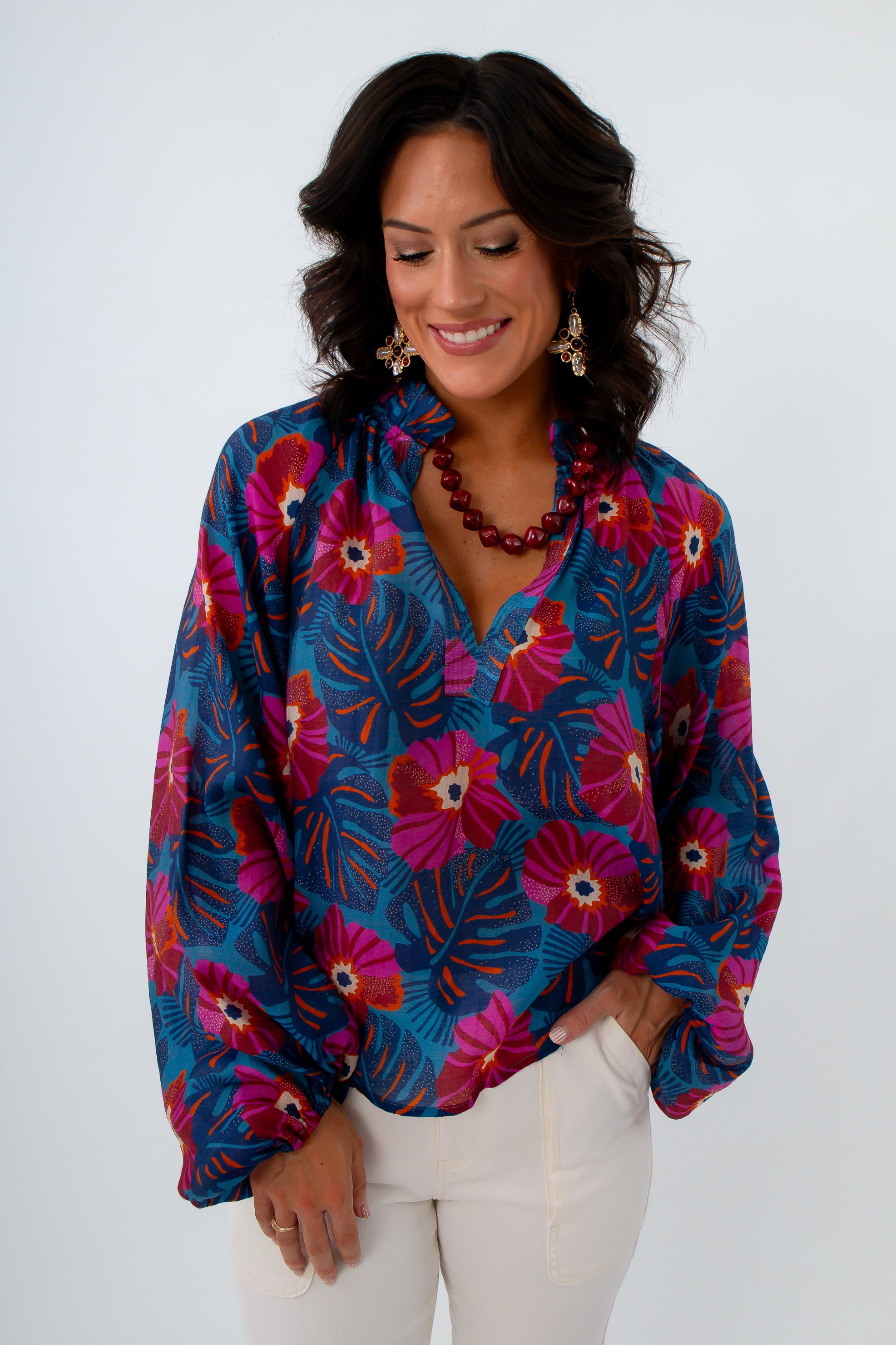 THML Navy Blue Floral Long Sleeve Blouse