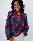 THML Navy Blue Floral Long Sleeve Blouse