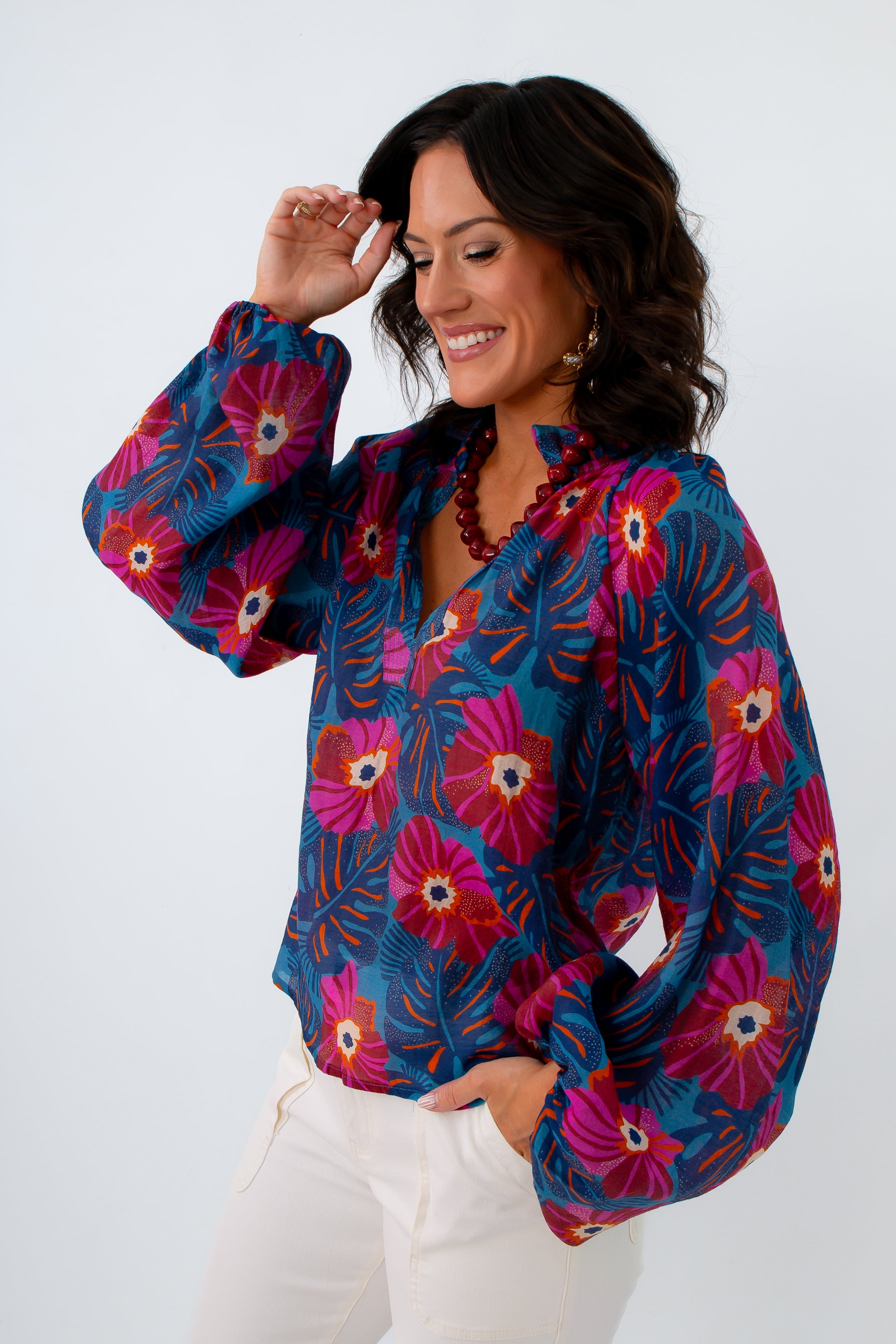 Lightweight fall workwear blouse with ruffle collar, THML long sleeve blouse, THML blue floral blouse