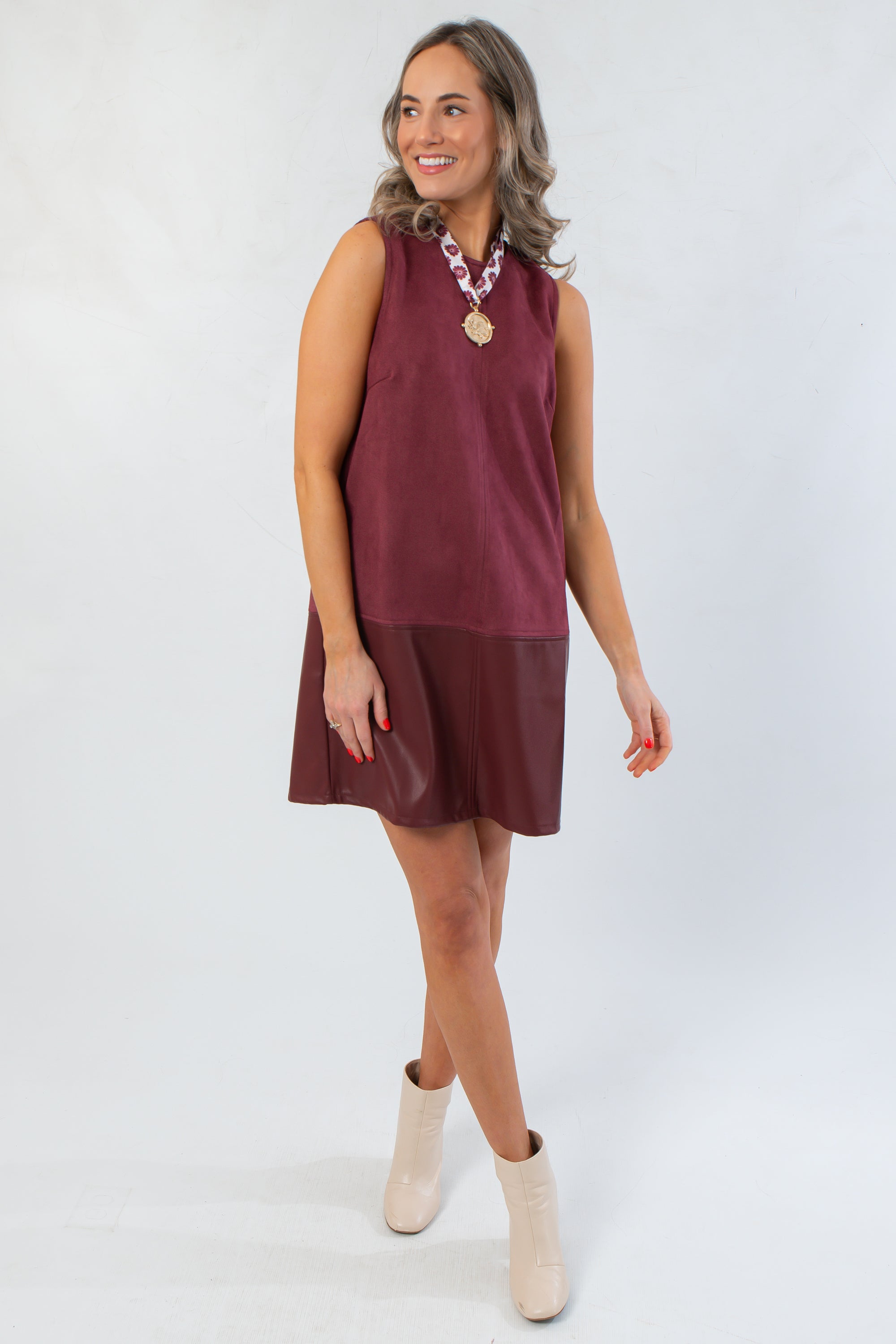 THML Wine Suede Mixed Media Mini Dress