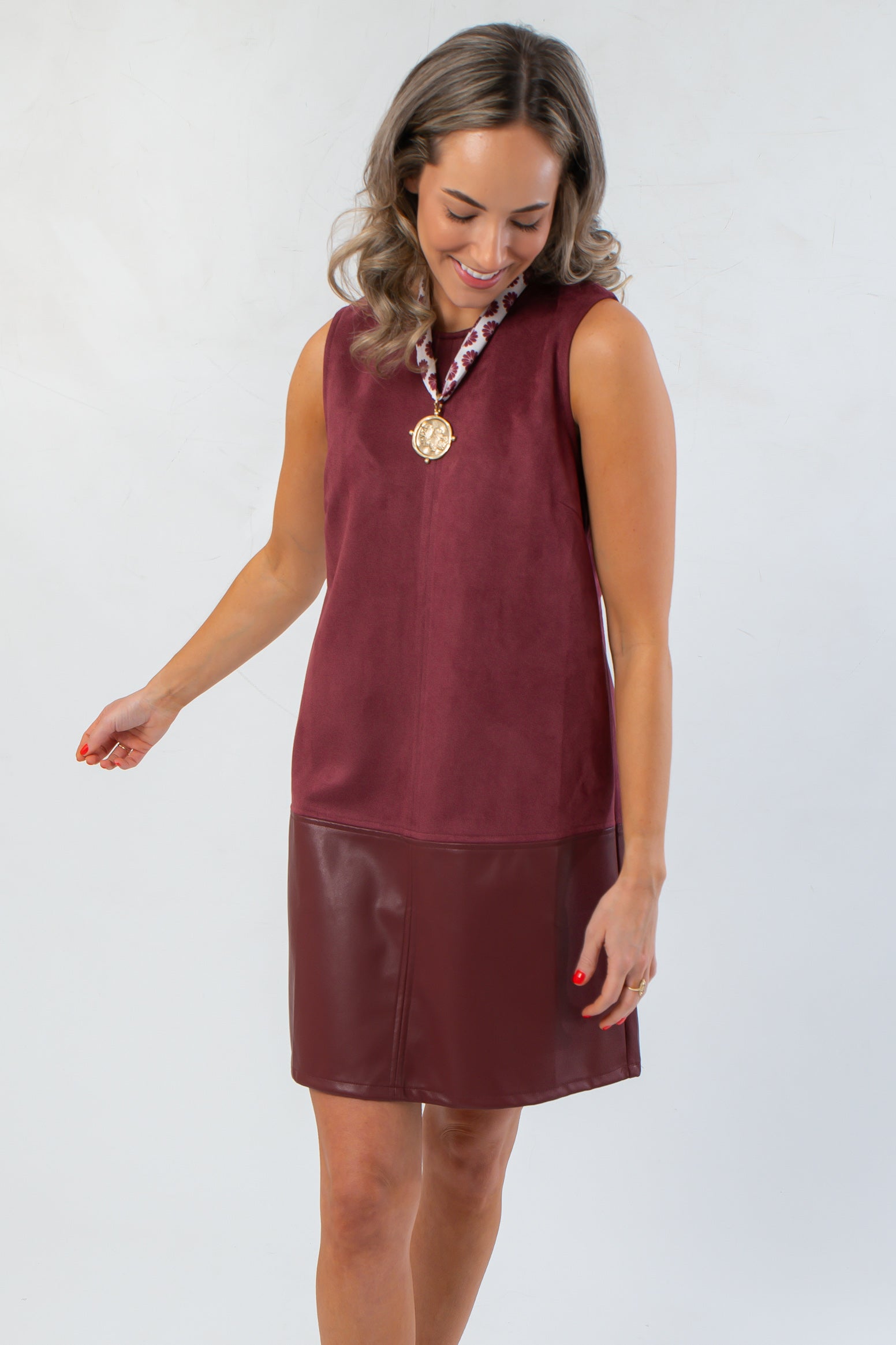 THML Wine Suede Mixed Media Mini Dress