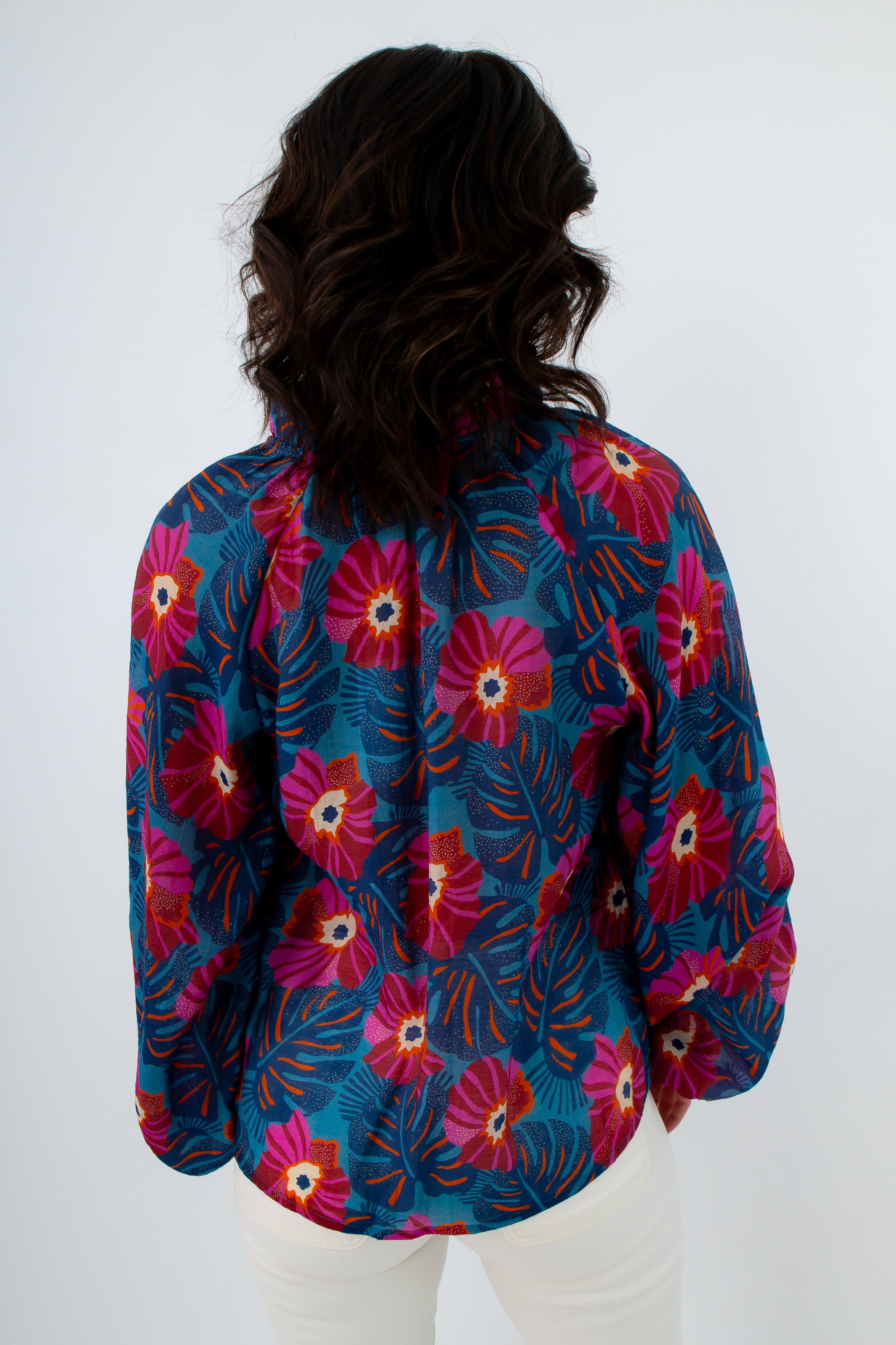 THML navy blue floral blouse for office, blue and pink floral blouse, long sleeve blouses for work