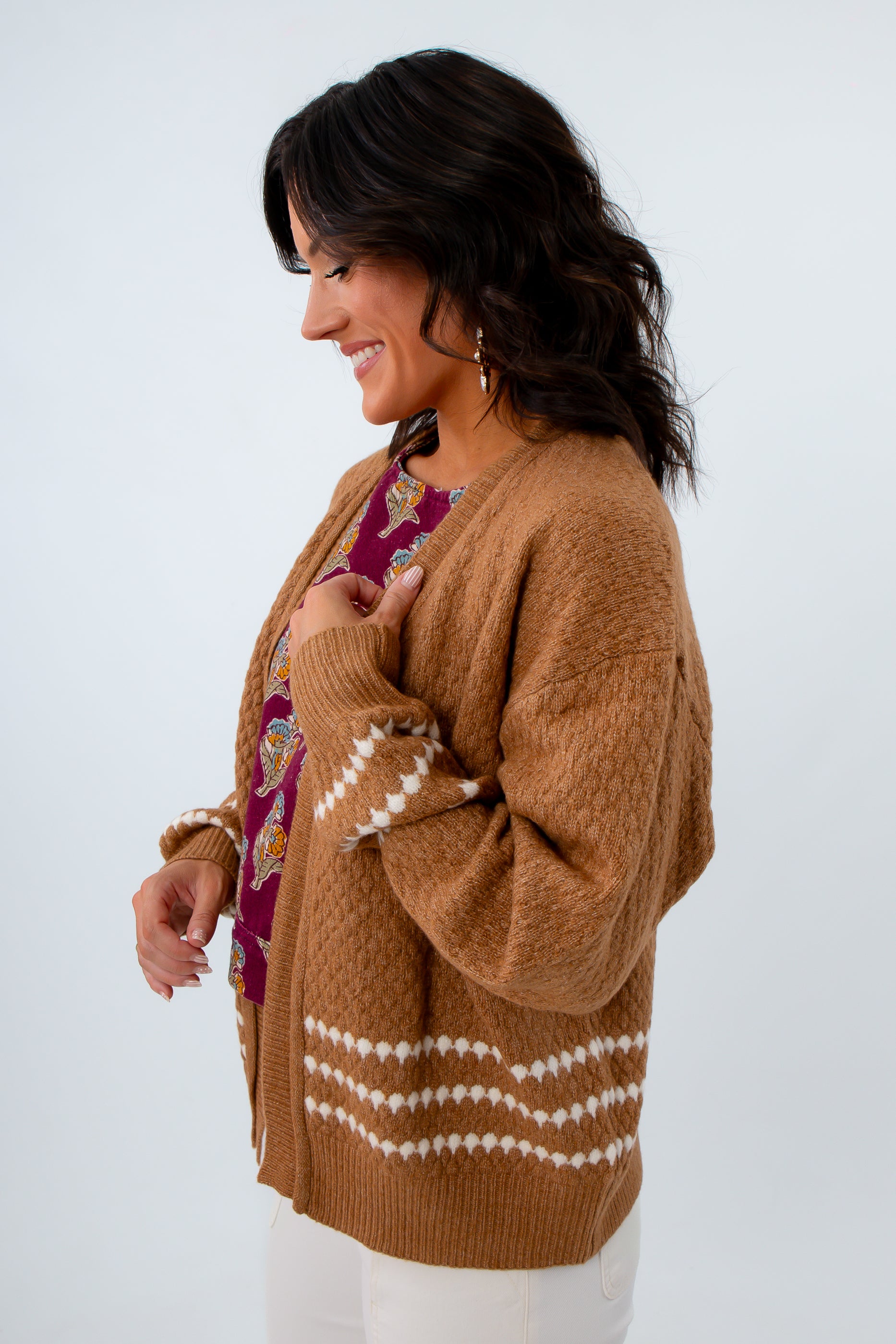 Honeycomb textured brown cardigan with white detailing, brown textured cardigan, neutral cardigans