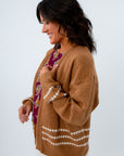 Honeycomb textured brown cardigan with white detailing, brown textured cardigan, neutral cardigans