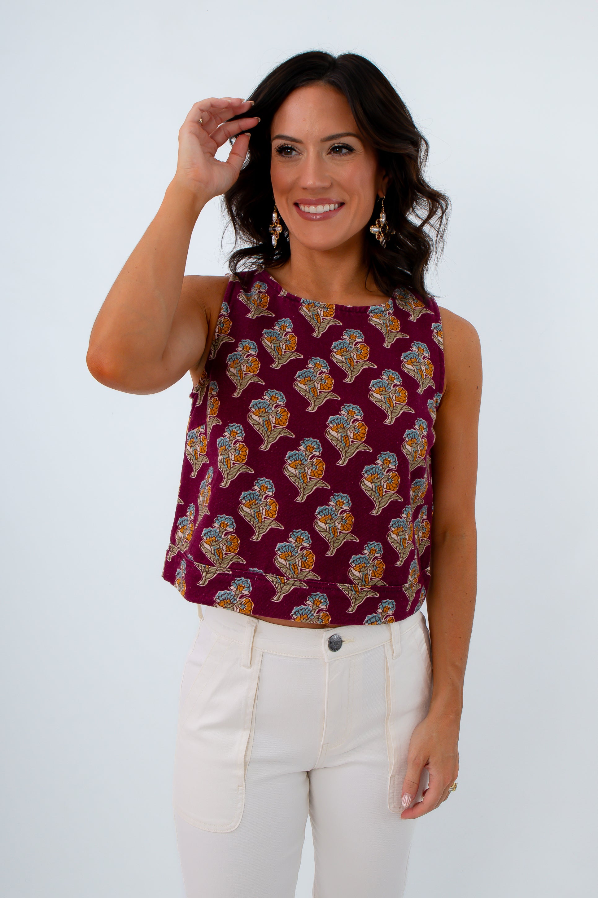 Burgundy sleeveless denim top with zipper back, burgundy top with block print design, block print top