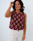 Burgundy sleeveless denim top with zipper back, burgundy top with block print design, block print top