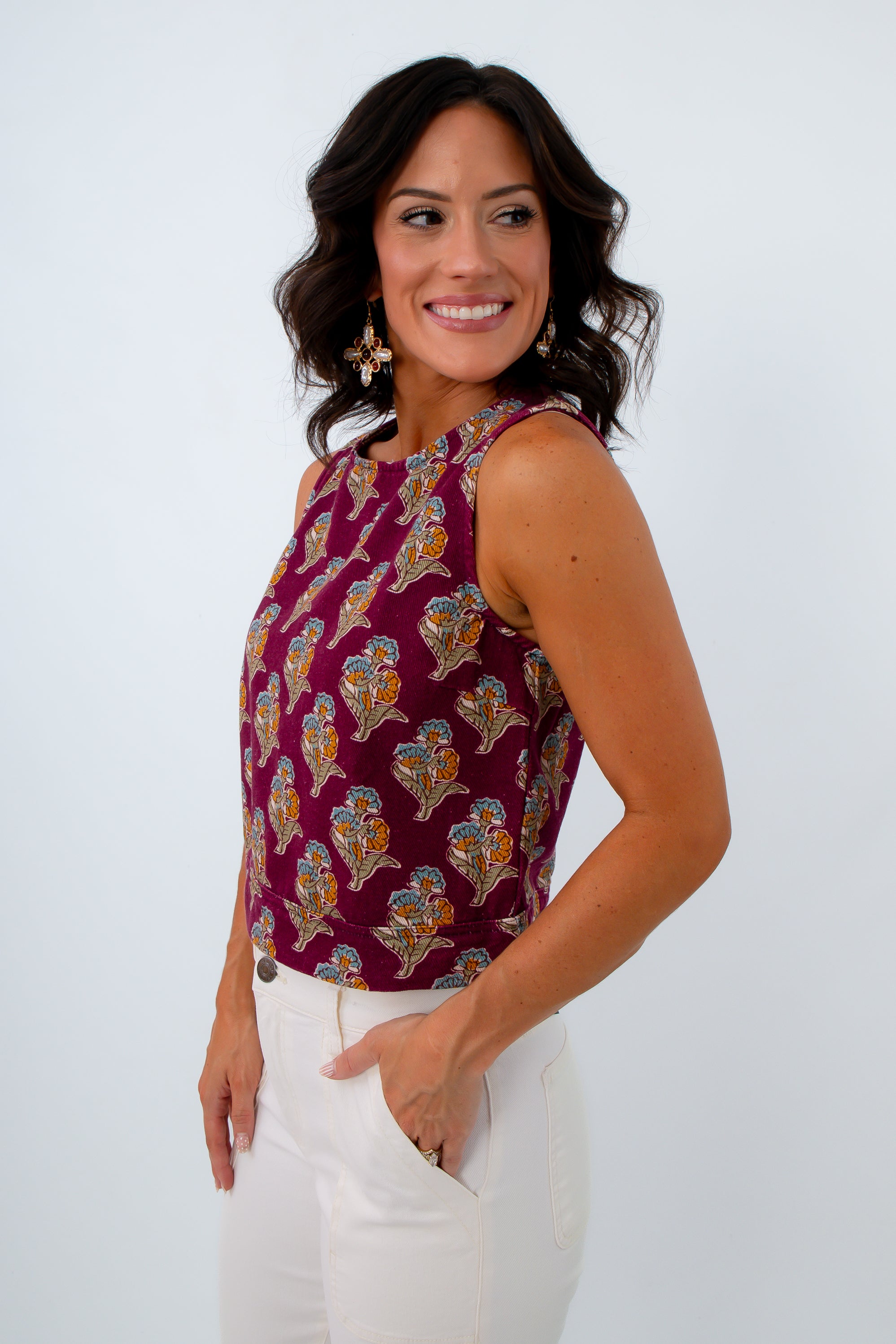 Hip length fall tops with floral blockprint design, sleeveless block print top, burgundy block print top, denim block print top