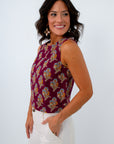 Hip length fall tops with floral blockprint design, sleeveless block print top, burgundy block print top, denim block print top