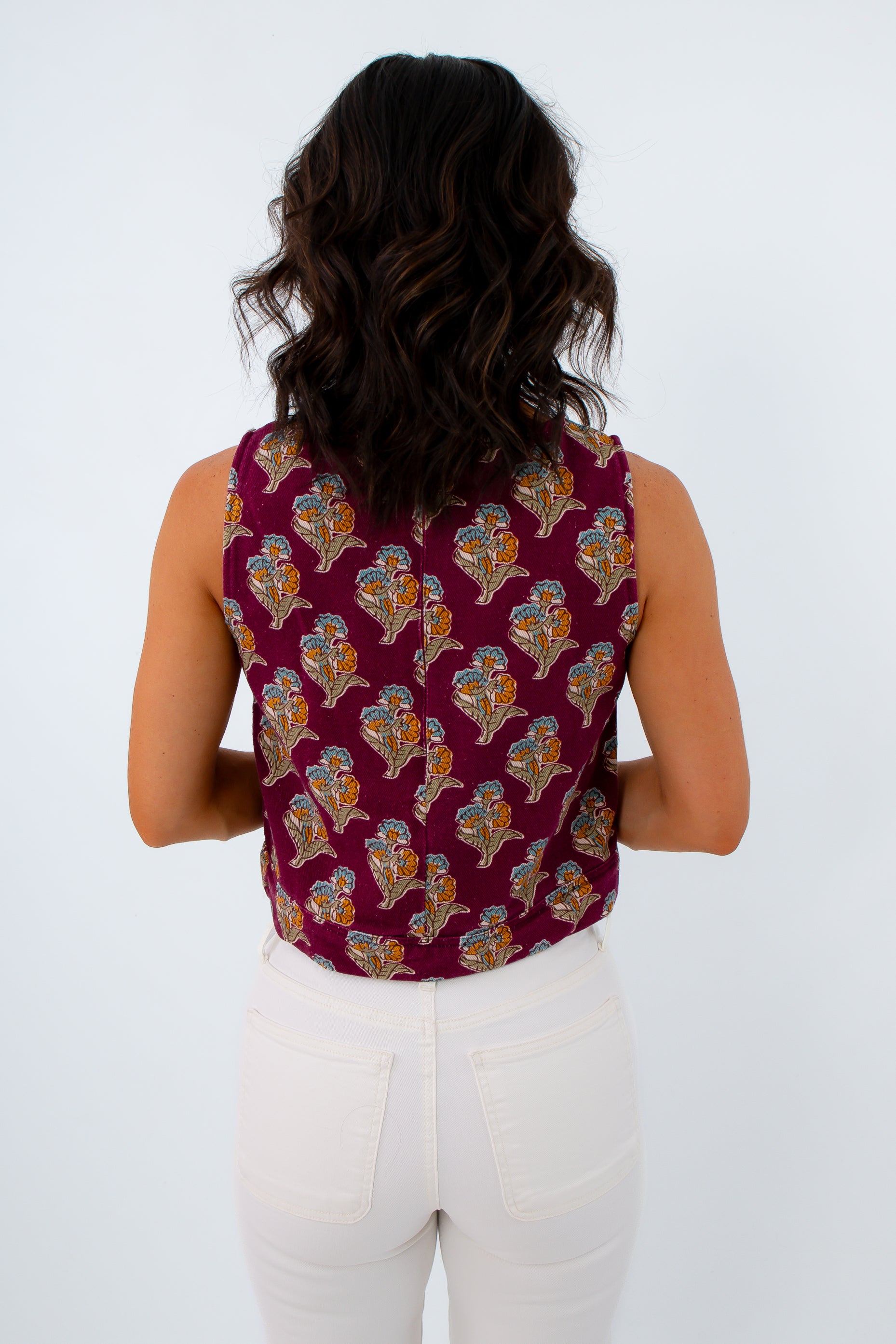 Unique blockprint denim top for casual outings, sleeveless fall tops, sleeveless denim top, burgundy top for fall