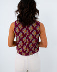 Unique blockprint denim top for casual outings, sleeveless fall tops, sleeveless denim top, burgundy top for fall