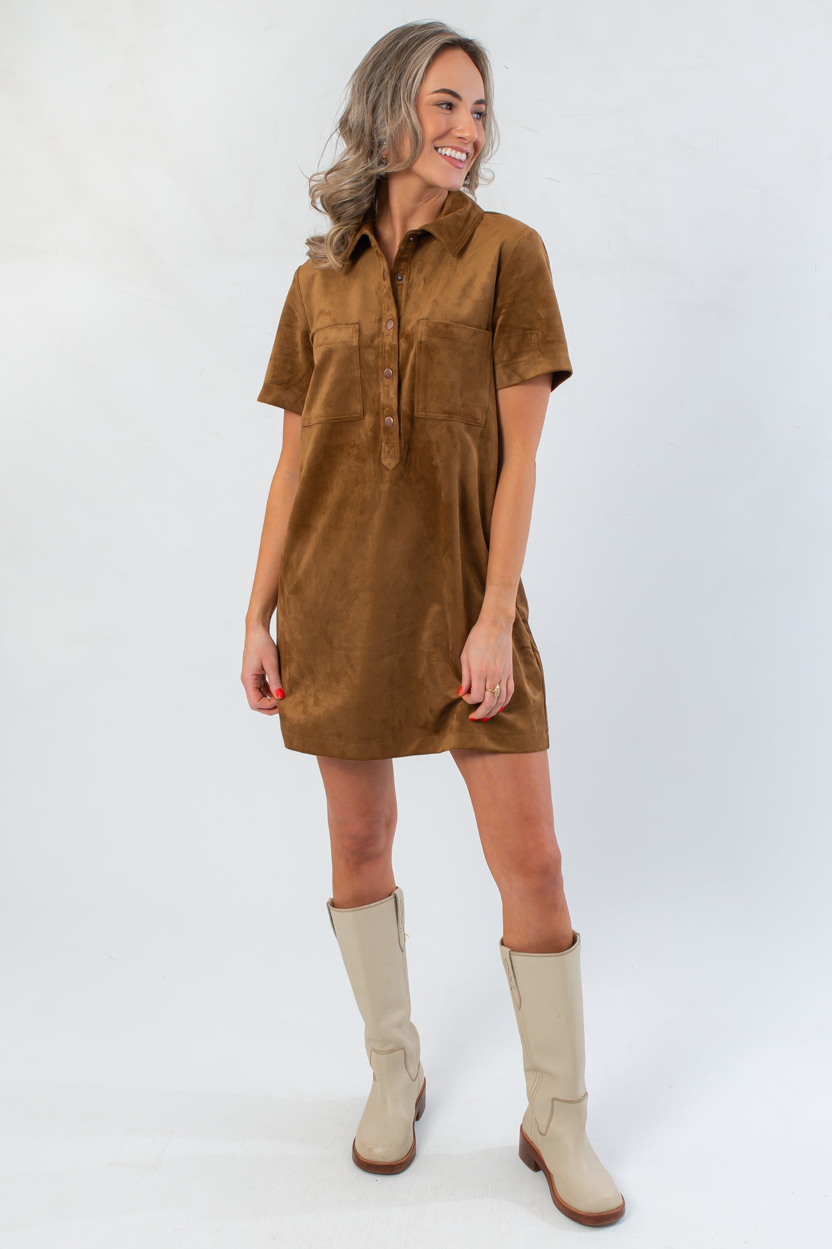 Z Supply Coconut Sydney Suede Mini Dress in rich brown suede with front snap buttons, styled for fall with cream boots.