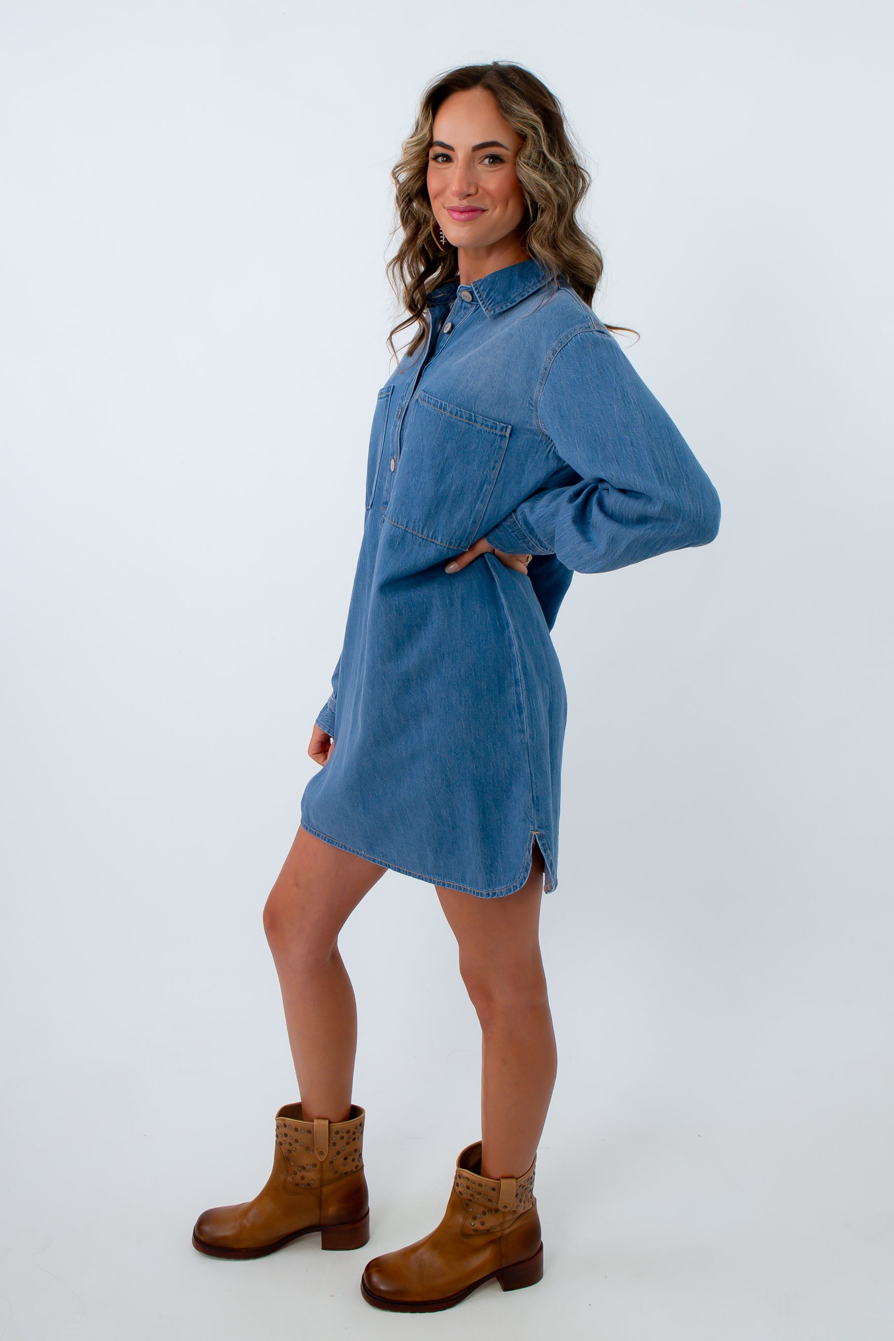 Lightweight denim shirt dress for fall, lightweight denim dress, long sleeve denim dress