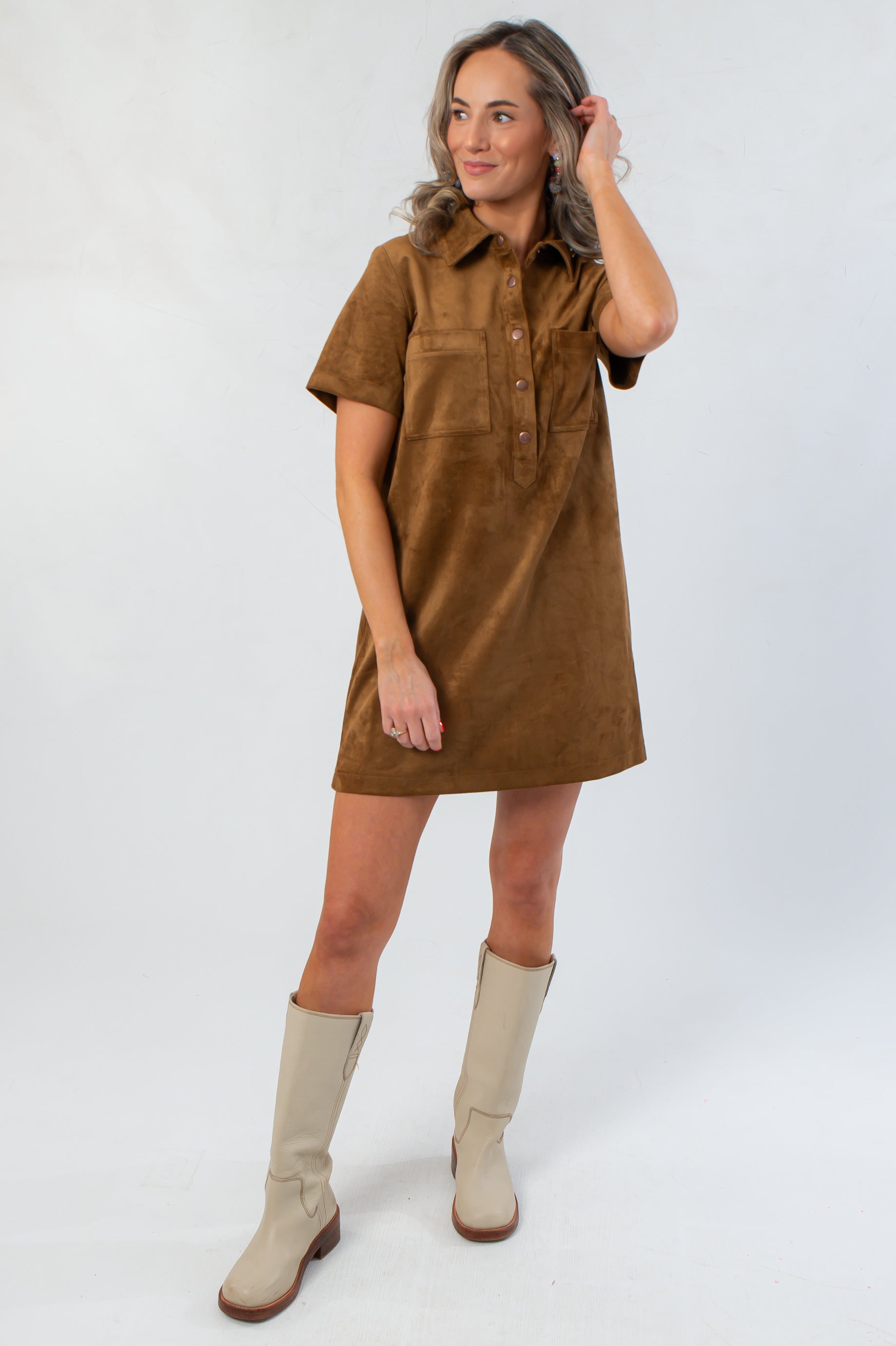 Fall-ready Z Supply Coconut Sydney Suede Mini Dress featuring short sleeves and a collared neckline, ideal for casual layering.