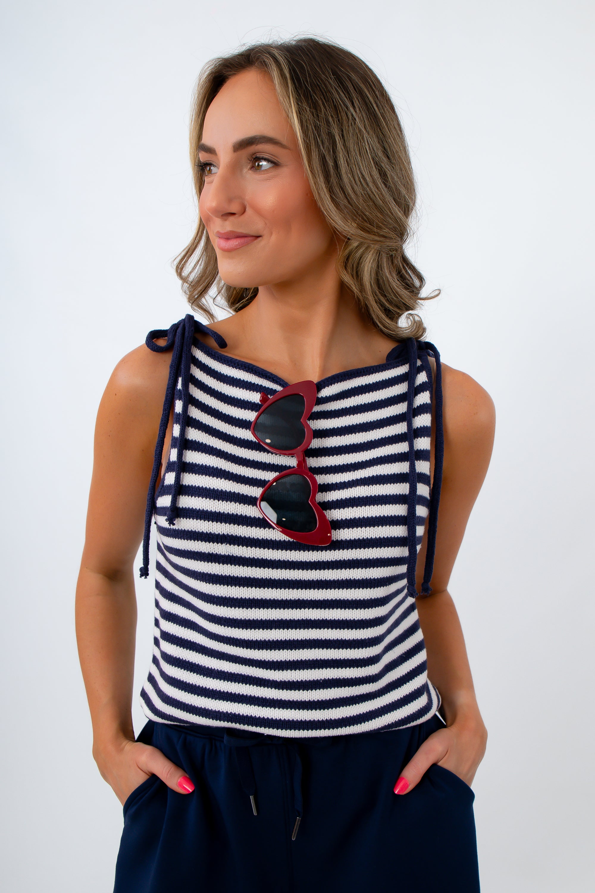 Bella Navy Stripe Knit Tie Shoulder Tank
