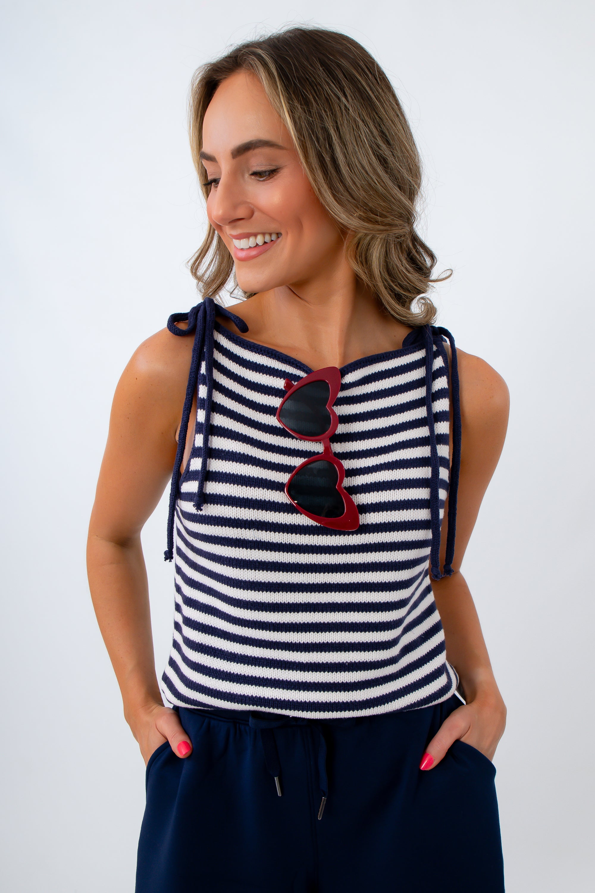 Bella Navy Stripe Knit Tie Shoulder Tank