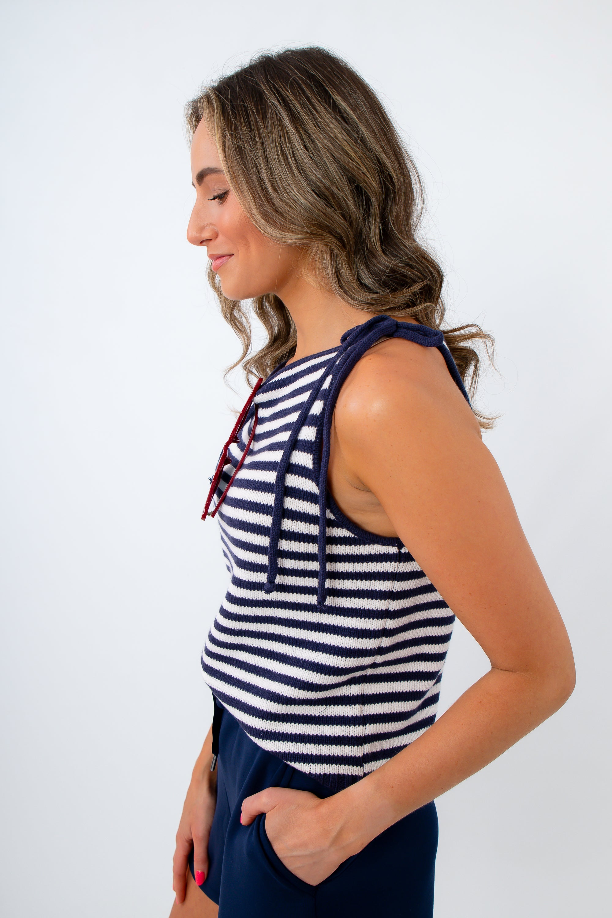 Bella Navy Stripe Knit Tie Shoulder Tank