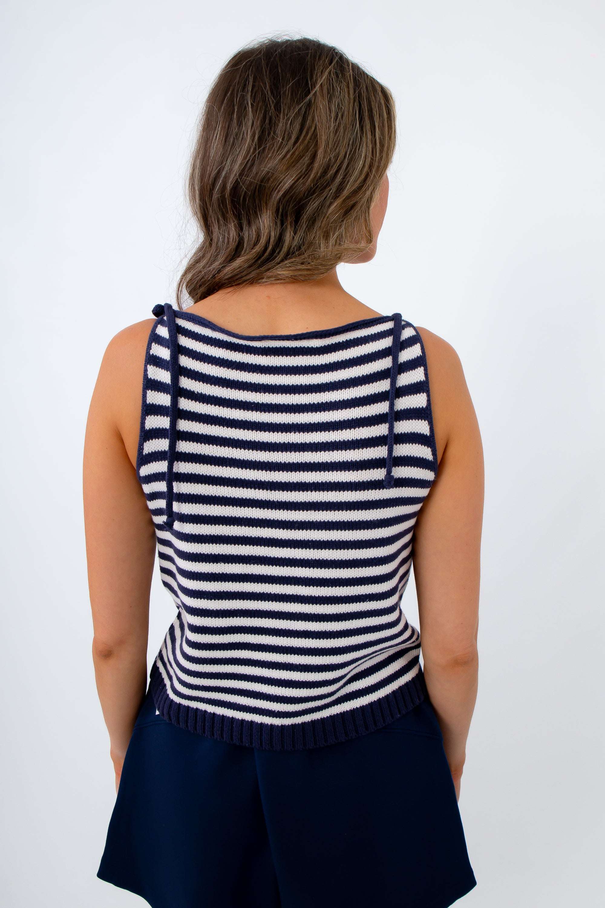Bella Navy Stripe Knit Tie Shoulder Tank