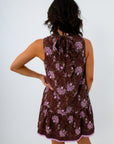 High neckline dress with tie back, fall floral mini dress, brown floral mini dress