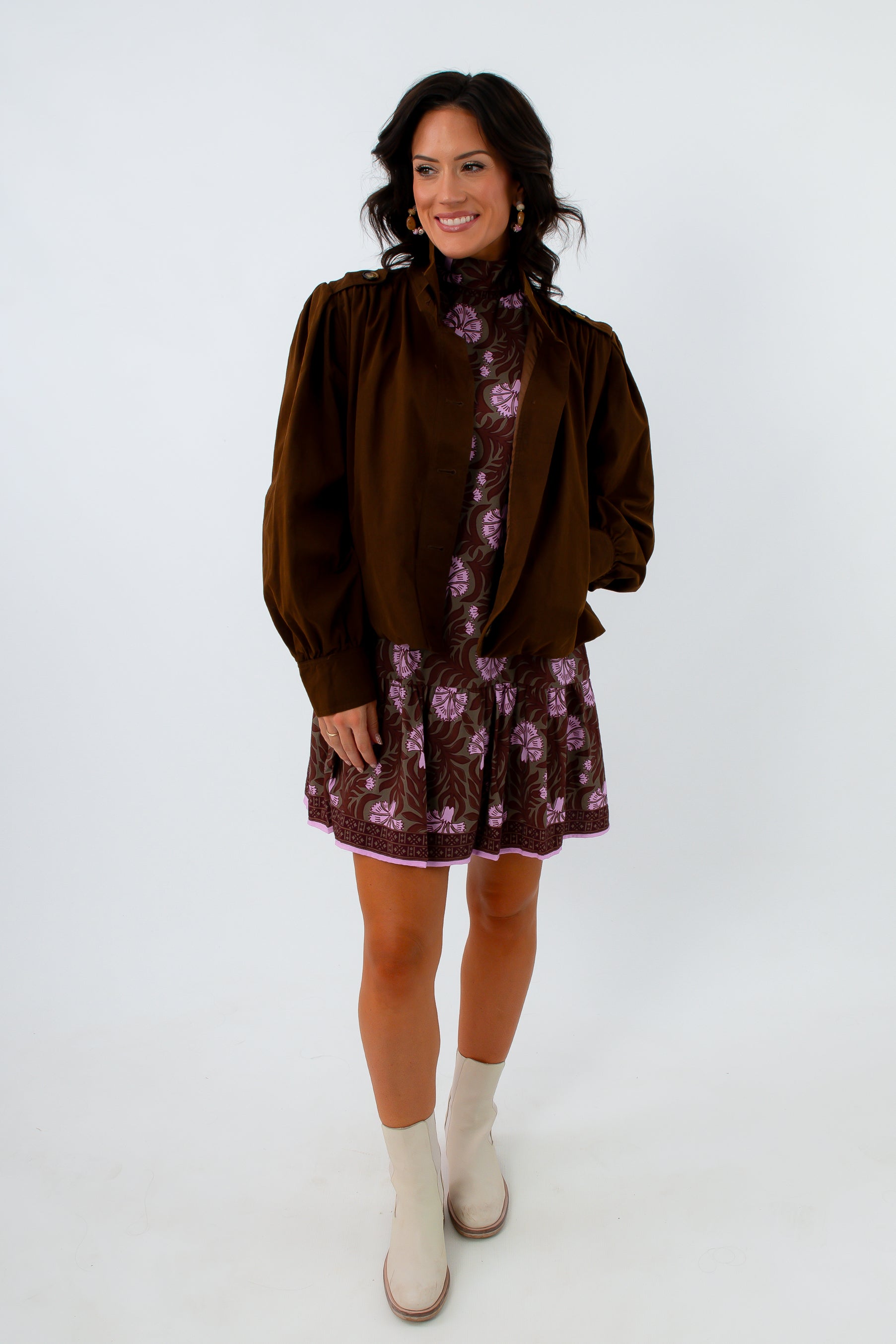 Delia Chocolate Stand Collar Bomber Jacket