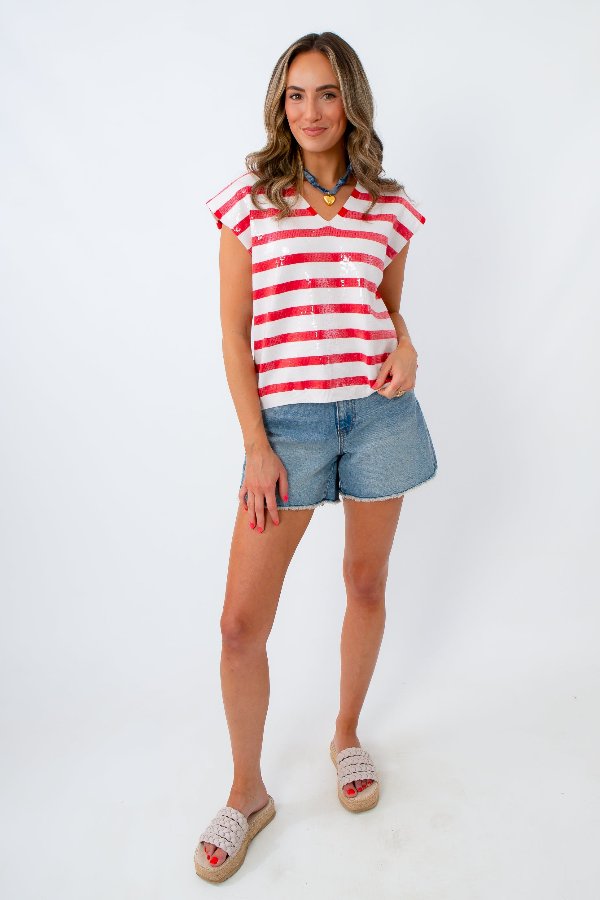 4th of july outfit inspiration with the Sparkle Bright Red Stripe Sequin Knit Top and jeans shorts