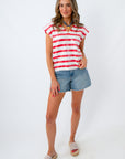 4th of july outfit inspiration with the Sparkle Bright Red Stripe Sequin Knit Top and jeans shorts