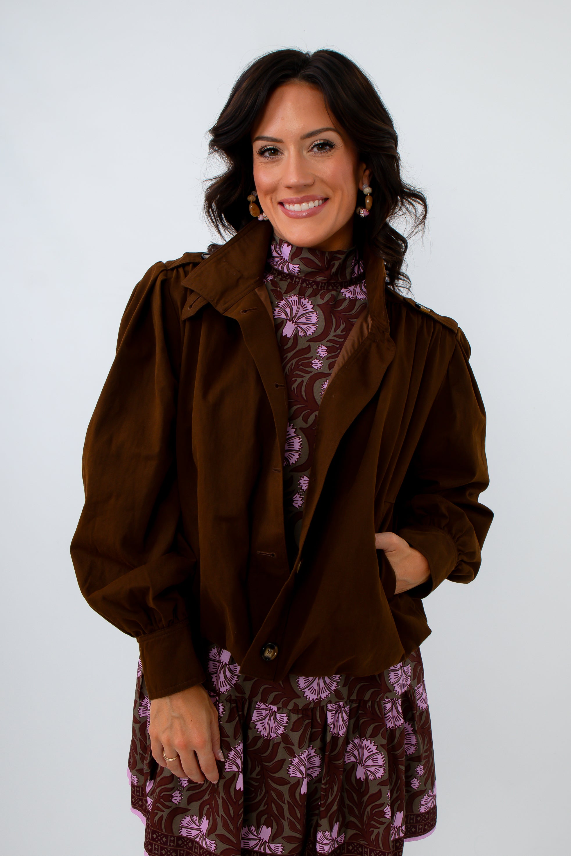 Delia chocolate stand collar bomber jacket with button closure, brown bomber jacket, fall jackets, fall layering pieces