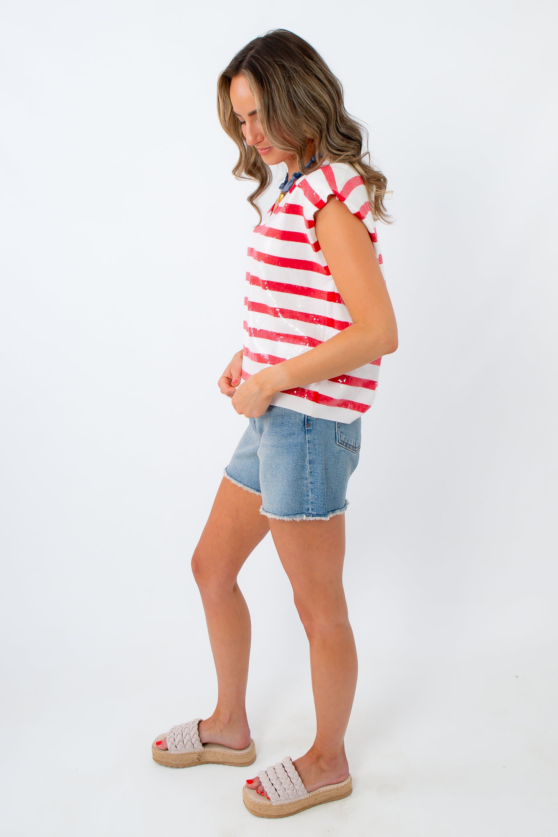 sparkle and shine in L. Mae Boutique's 4th of July new arrivals: Sparkle Bright Red Stripe Sequin Knit Top