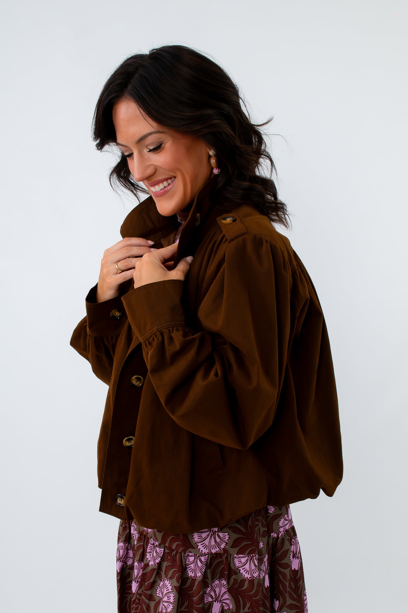 Dark brown fall layering bomber jacket for women, dark brown bomber jacket, brown jacket with stand collar