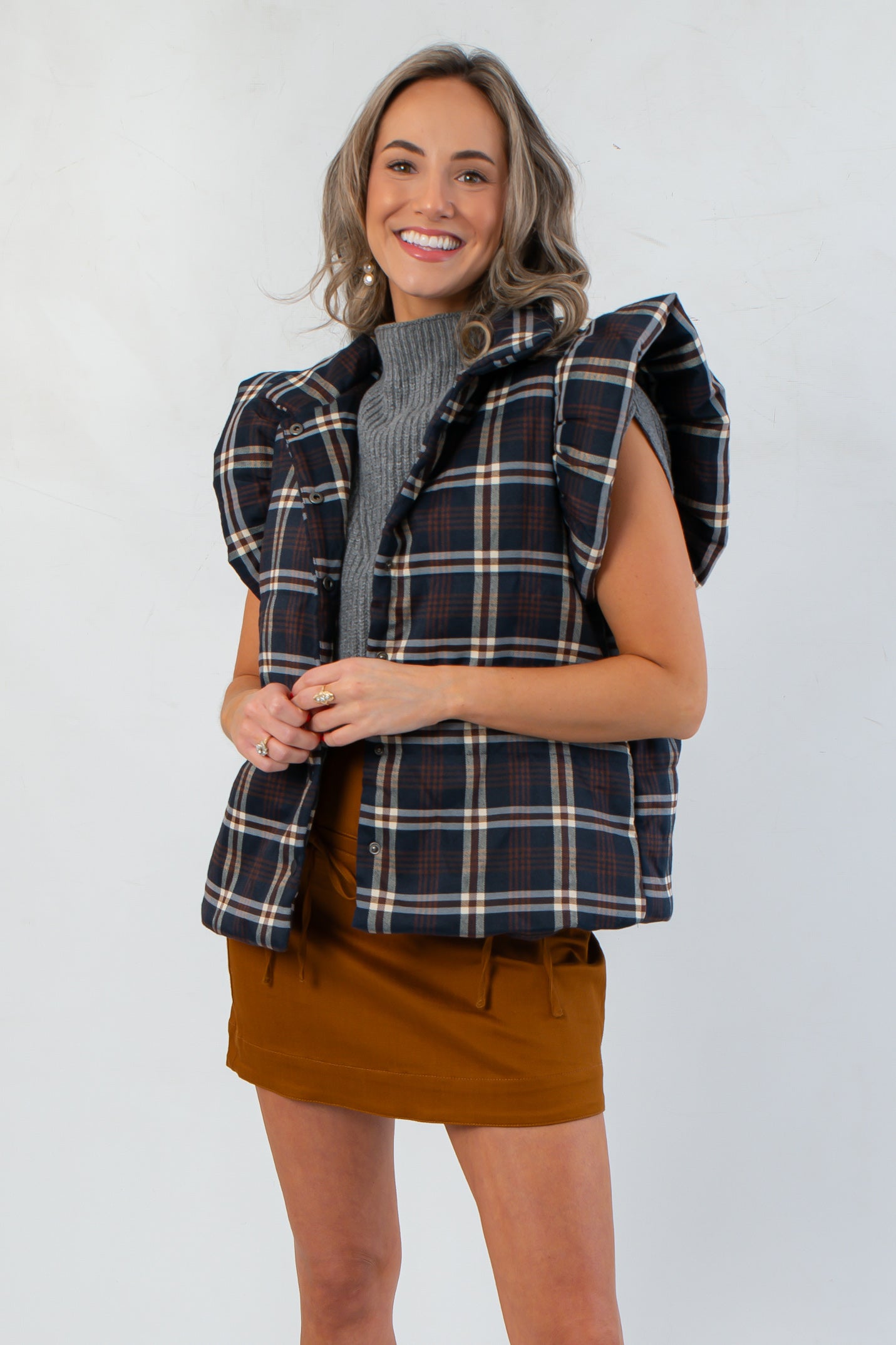 THML Here for Plaid Navy Ruffle Shoulder Plaid Puffer Vest