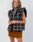 THML Here for Plaid Navy Ruffle Shoulder Plaid Puffer Vest