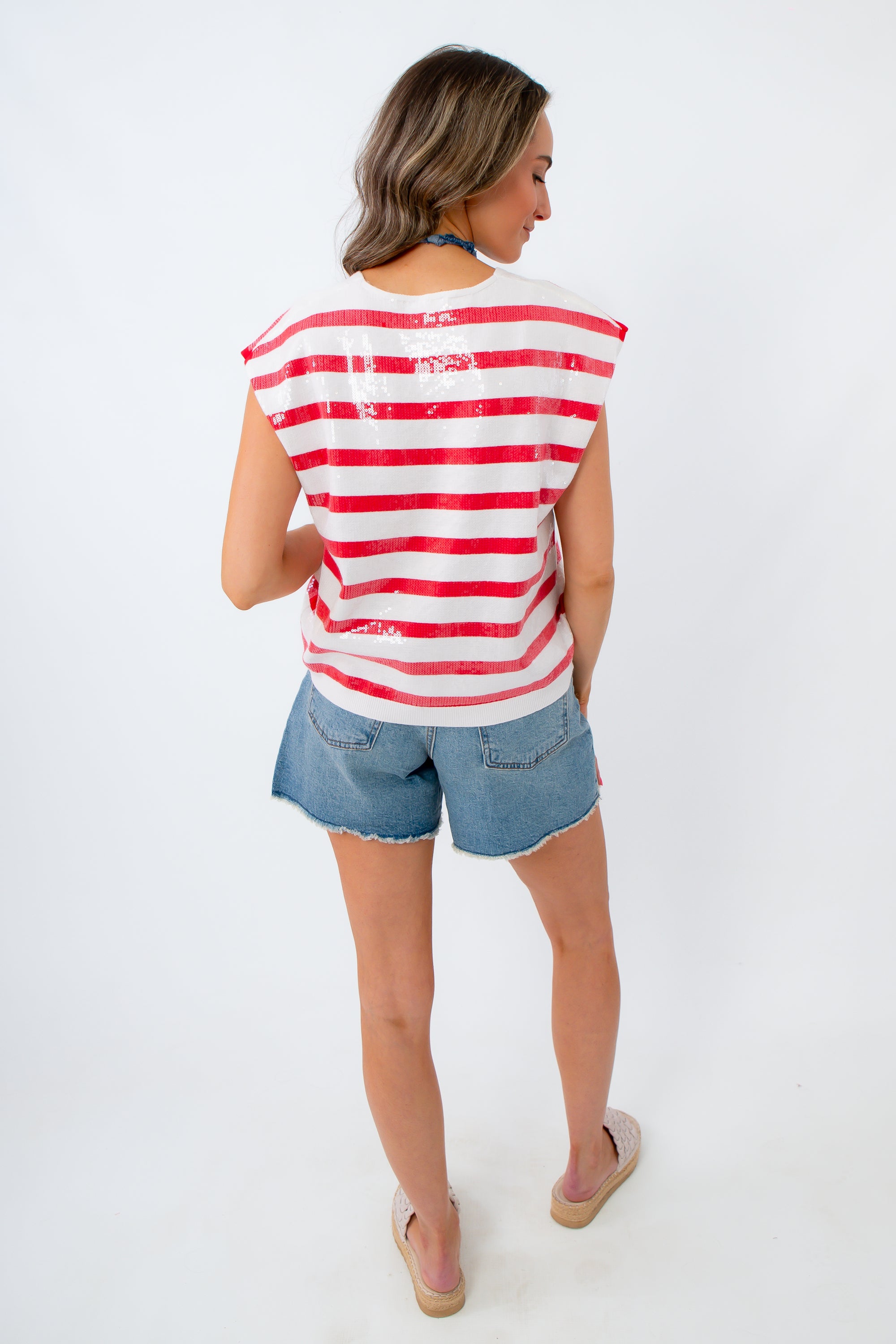 Sparkle Bright Red Stripe Sequin Knit Top