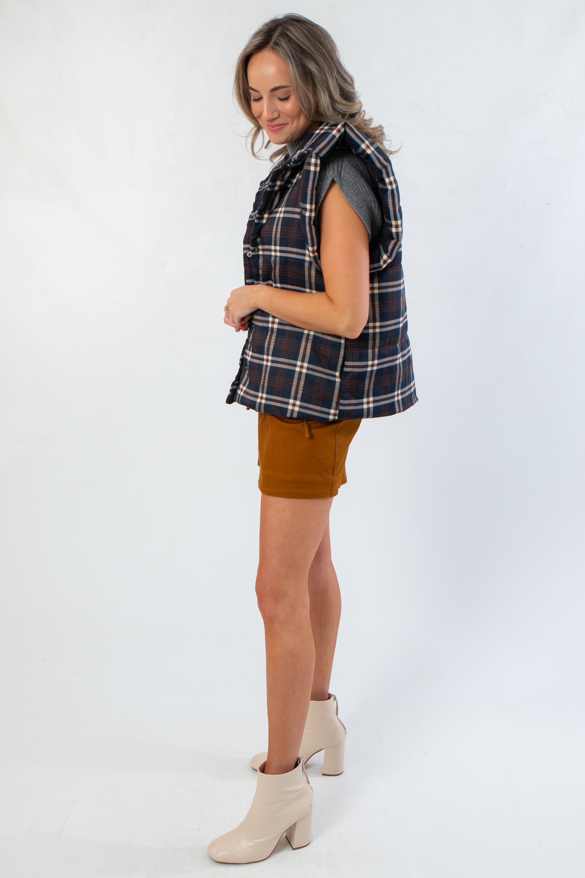 THML Here for Plaid Navy Ruffle Shoulder Plaid Puffer Vest