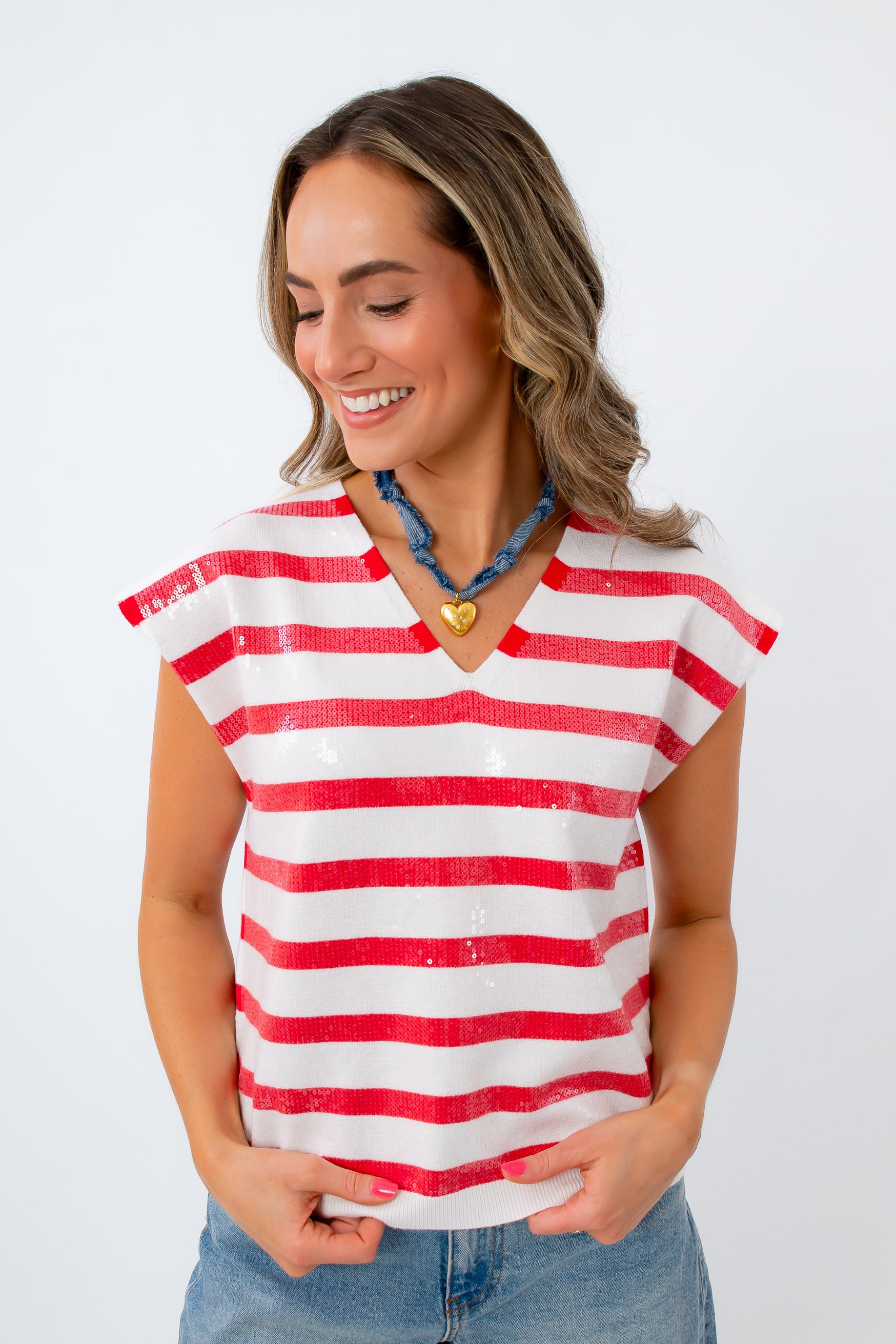 red and white sequin sweater for the 4th of july