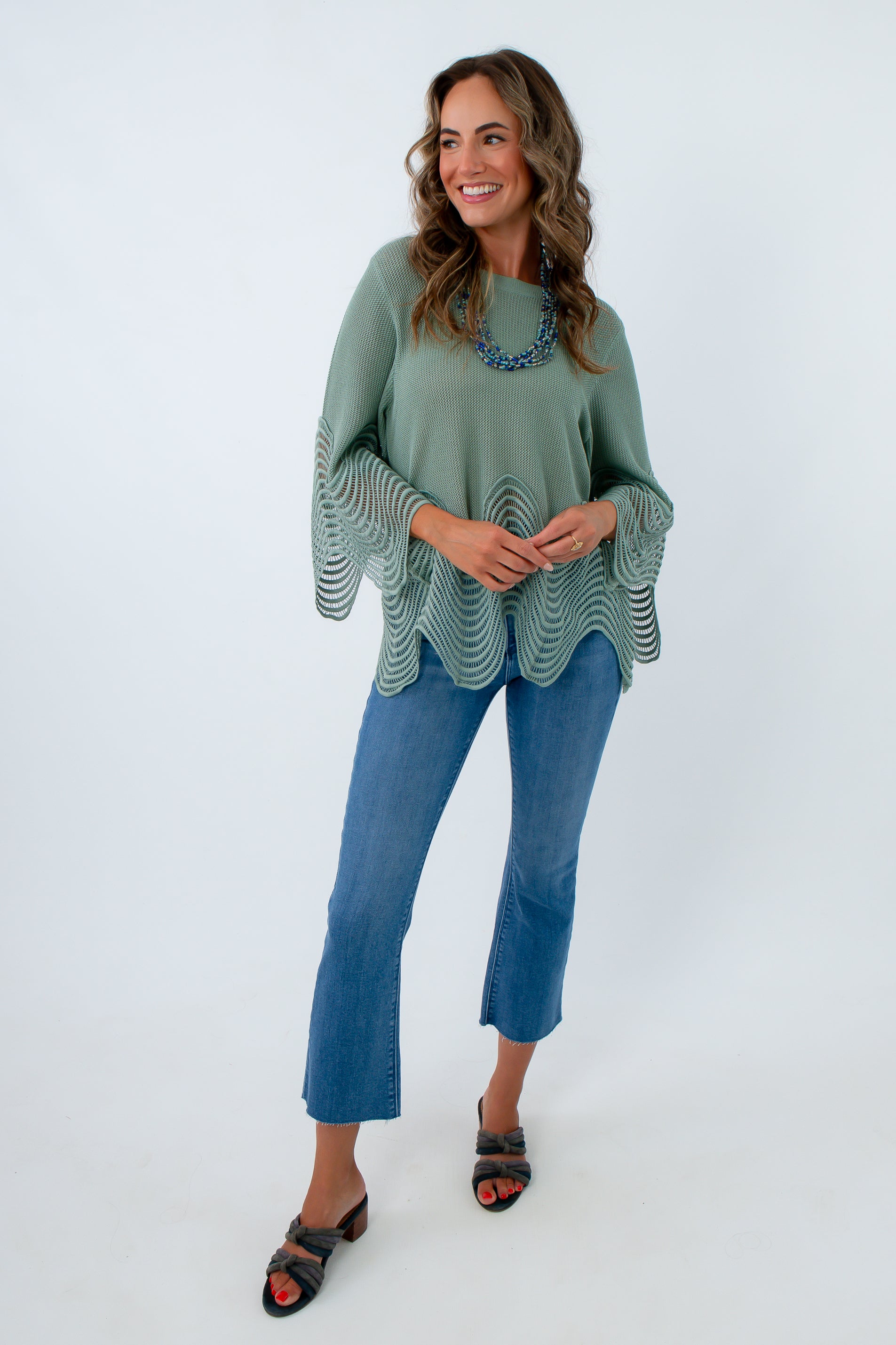 Same Wavelength Sage Green Knit Top with wave detailing, long sleeve sage green top, sage green knit top