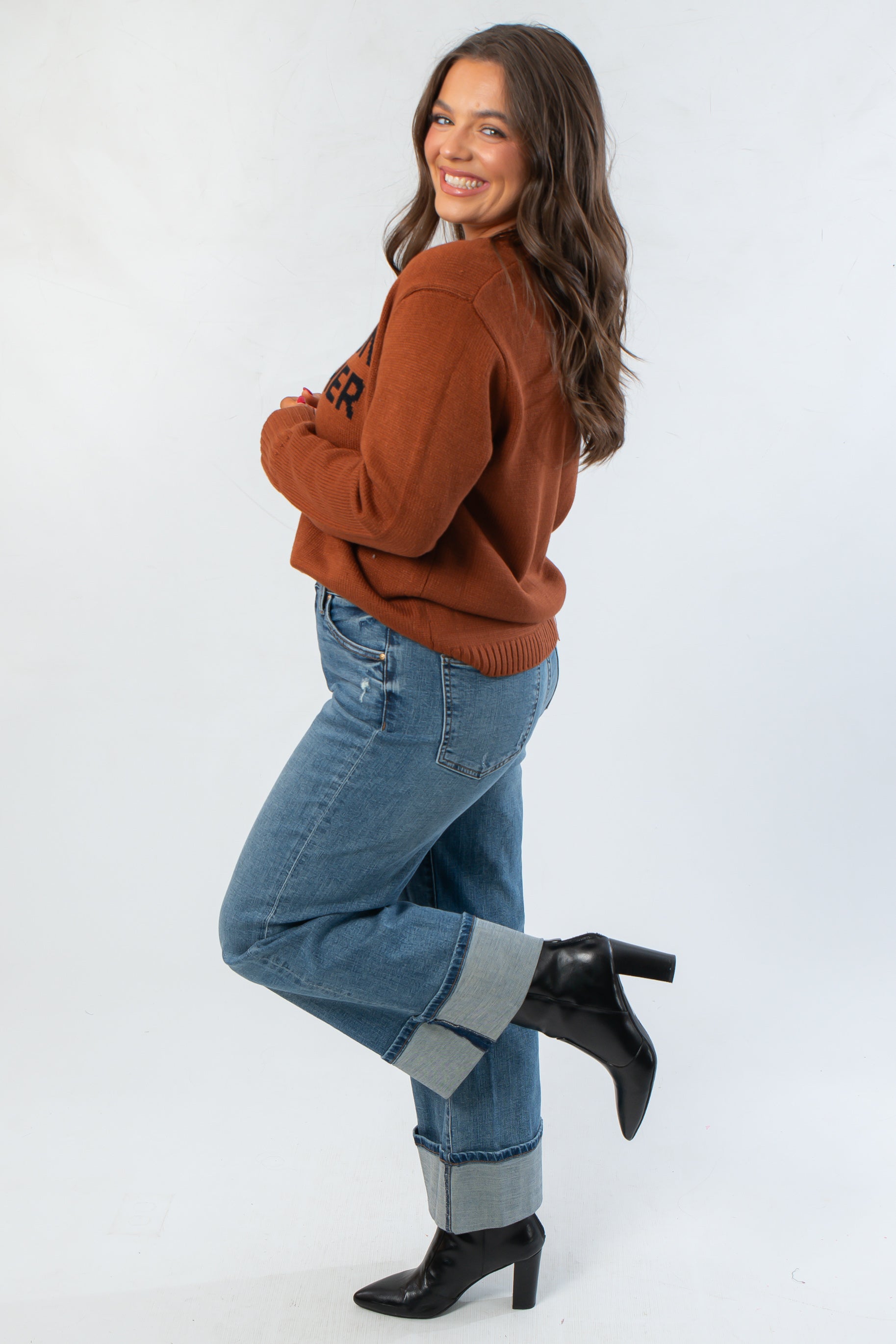 Side view of Bourbon Weather Intarsia Knit Sweater showcasing relaxed fit and ribbed hem, great for casual fall and winter looks.