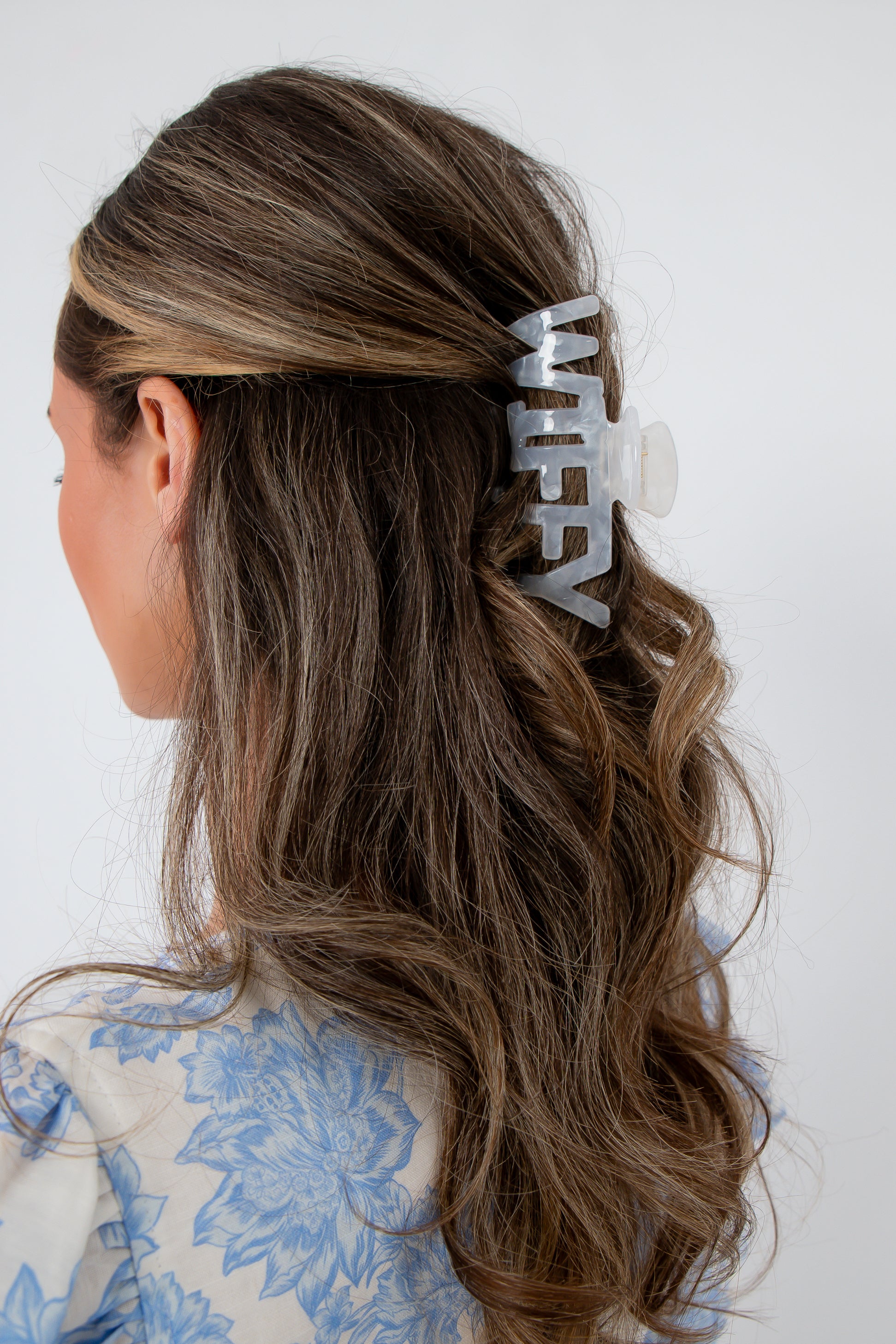 Wifey Bridal Claw Clip securing bridal hairstyle