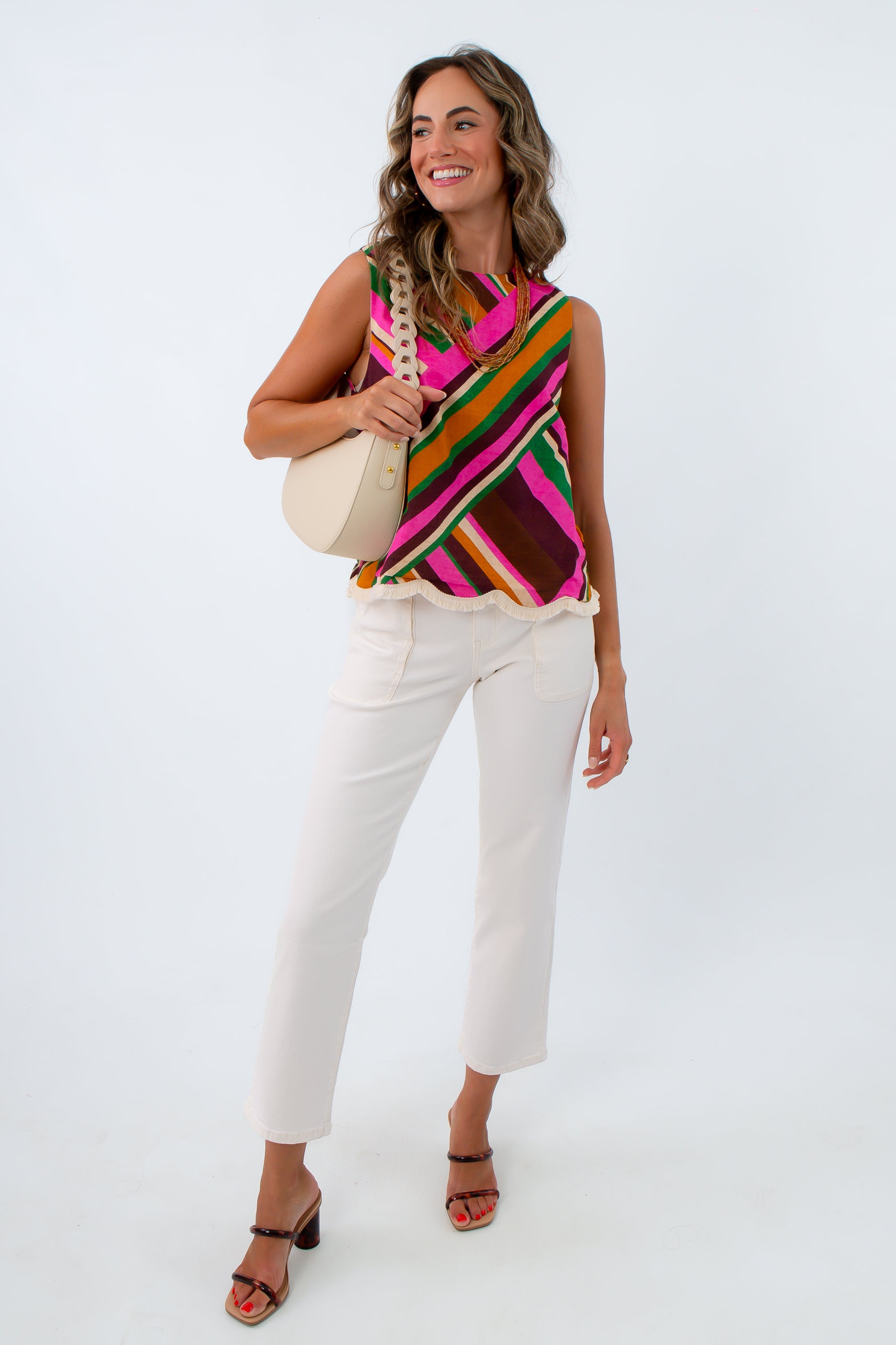 Daphne Colorful Fringe Sleeveless Top with cream fringe detailing, colorful sleeveless tops